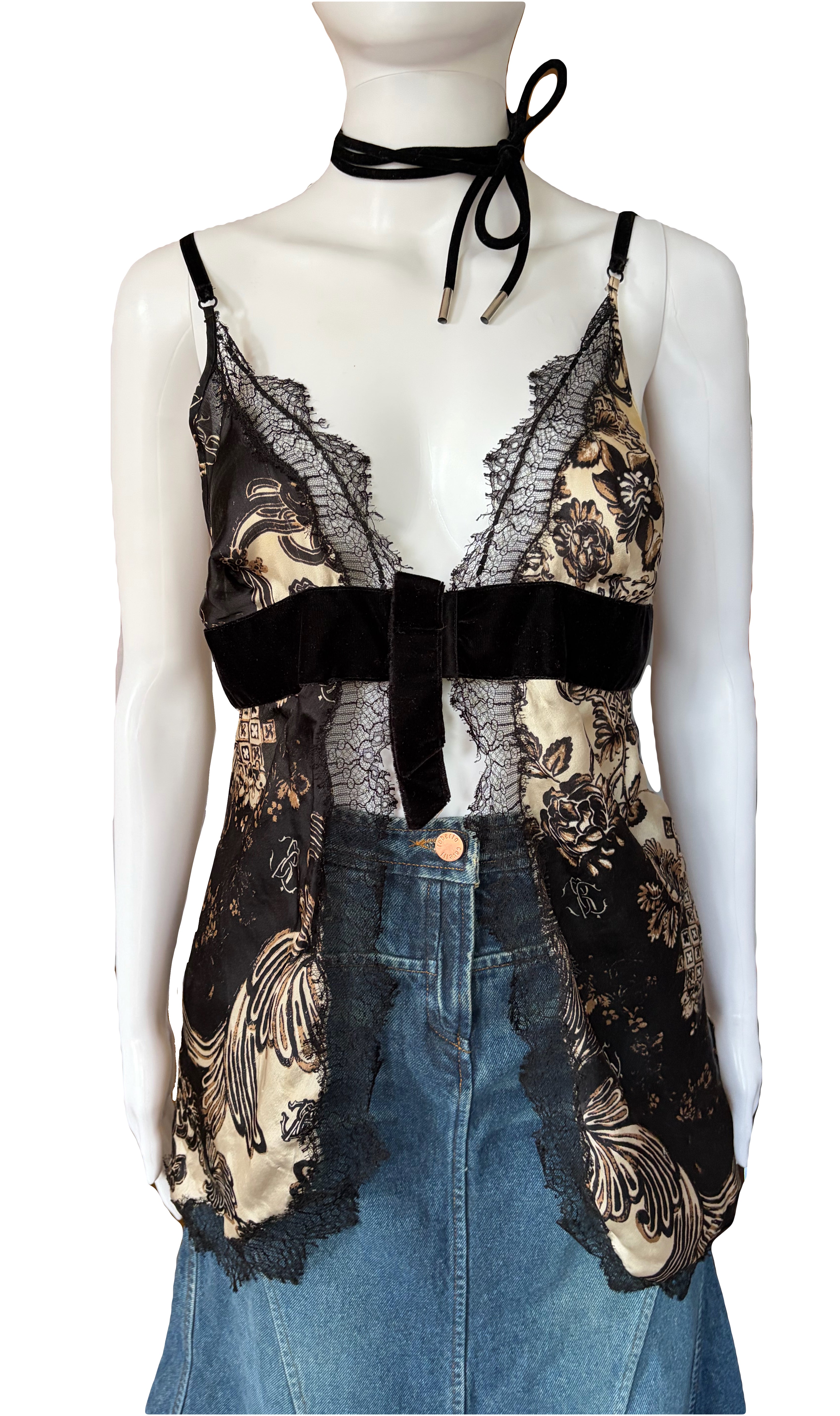 Roberto Cavalli Silk Cami Top Lace Trim Black Gold