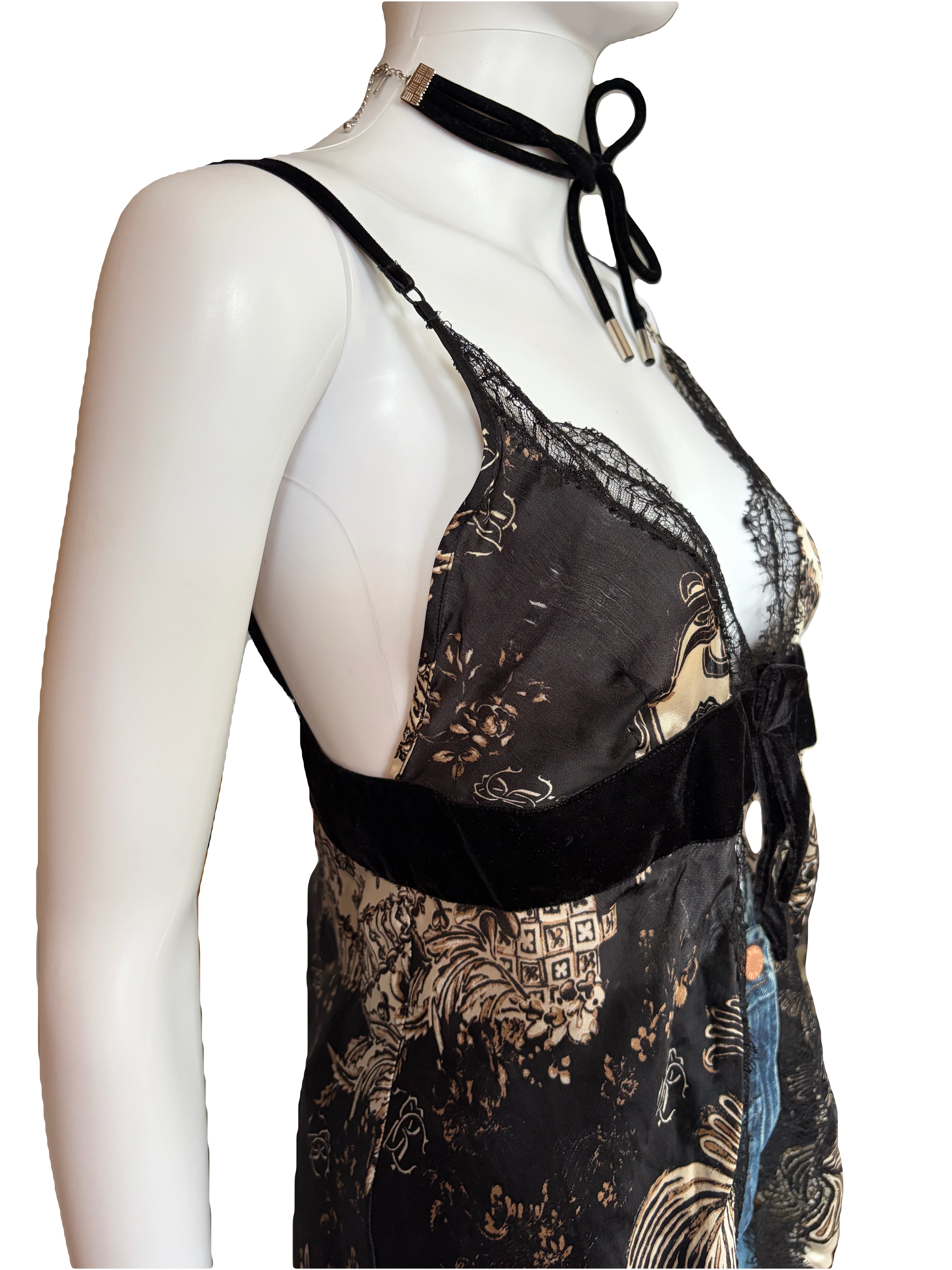 Roberto Cavalli Silk Cami Top Lace Trim Black Gold