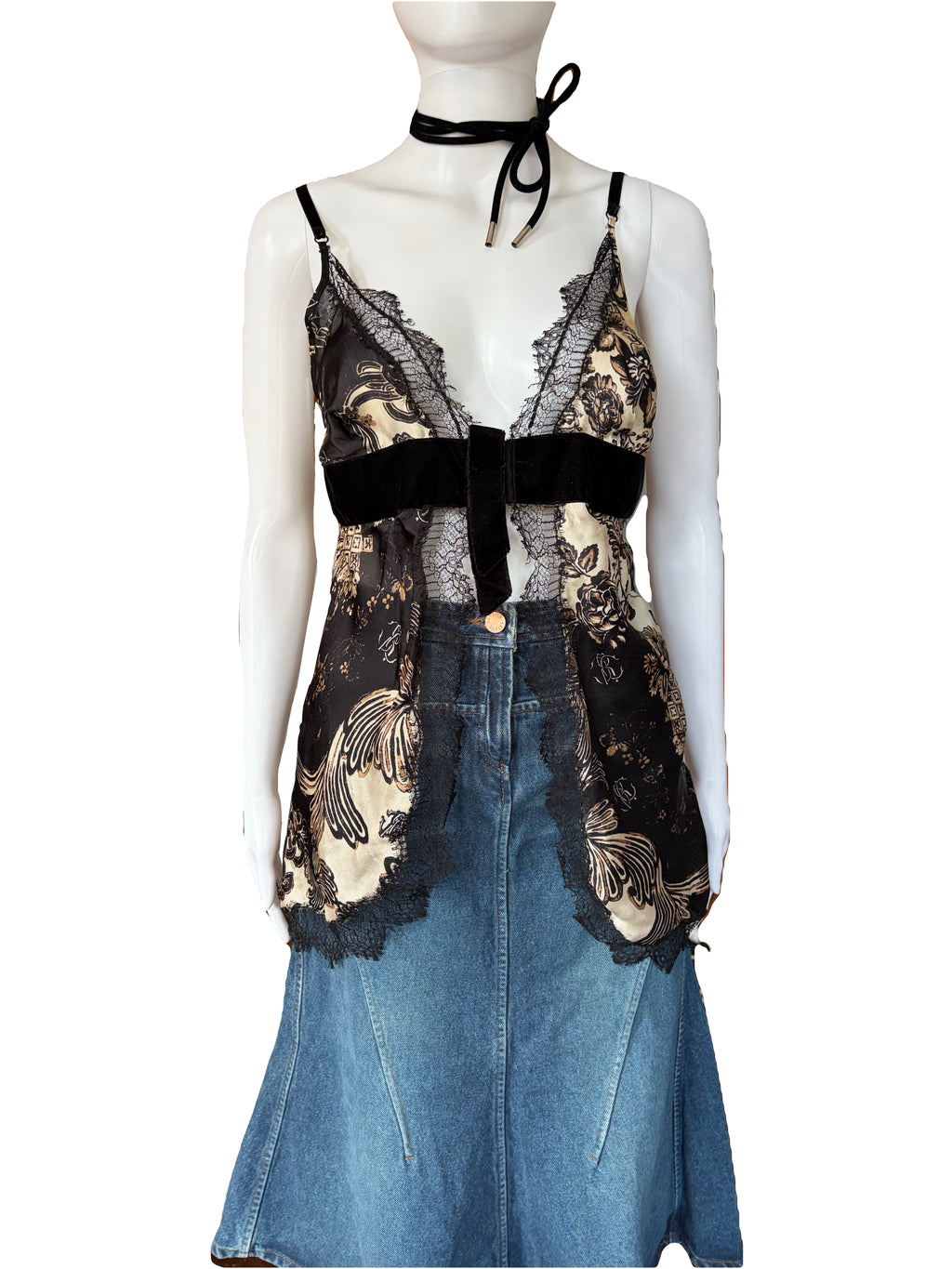 Roberto Cavalli Silk Cami Top Lace Trim Black Gold