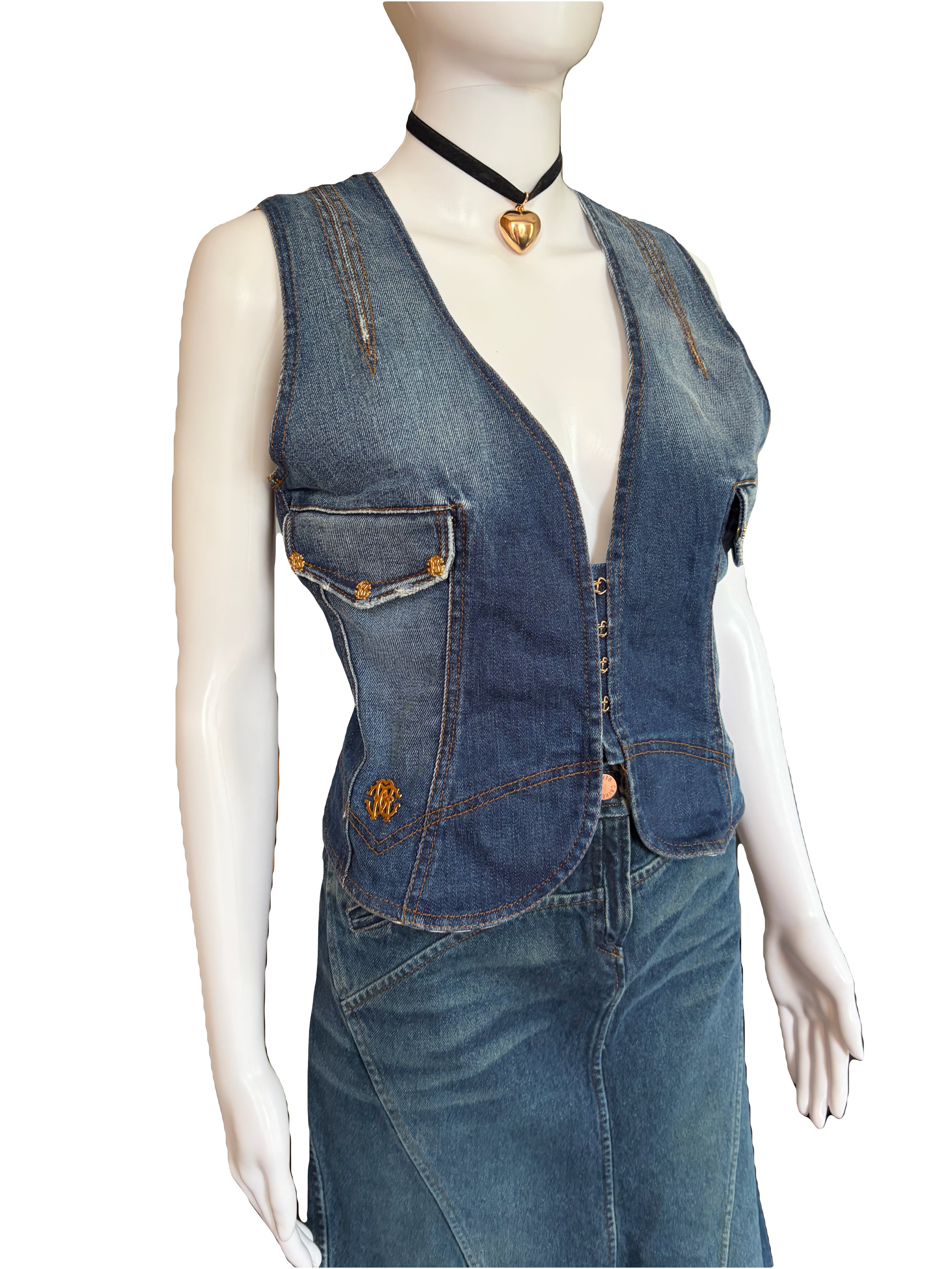Roberto Cavalli 2000s Vintage Denim Waistcoat Zebra Print Back.