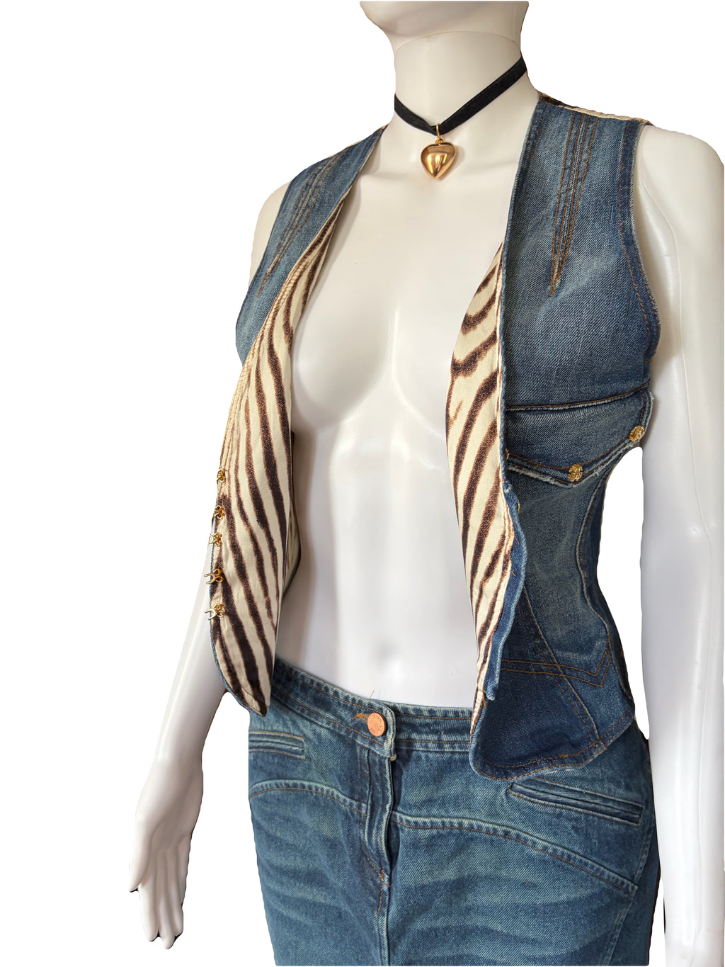 Roberto Cavalli 2000s Vintage Denim Waistcoat Zebra Print Back.