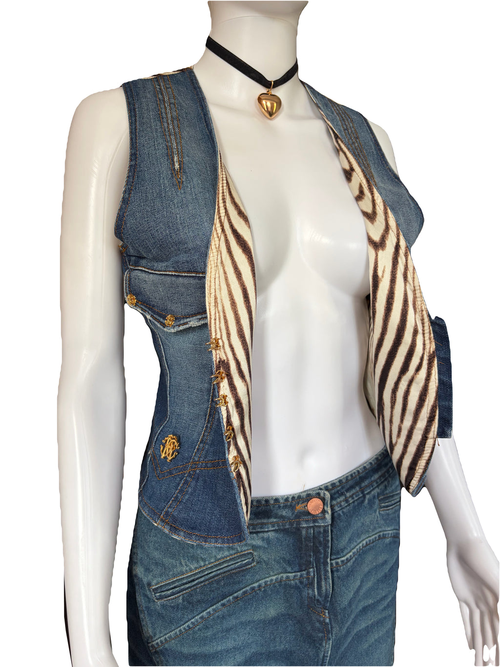 Roberto Cavalli 2000s Vintage Denim Waistcoat Zebra Print Back.