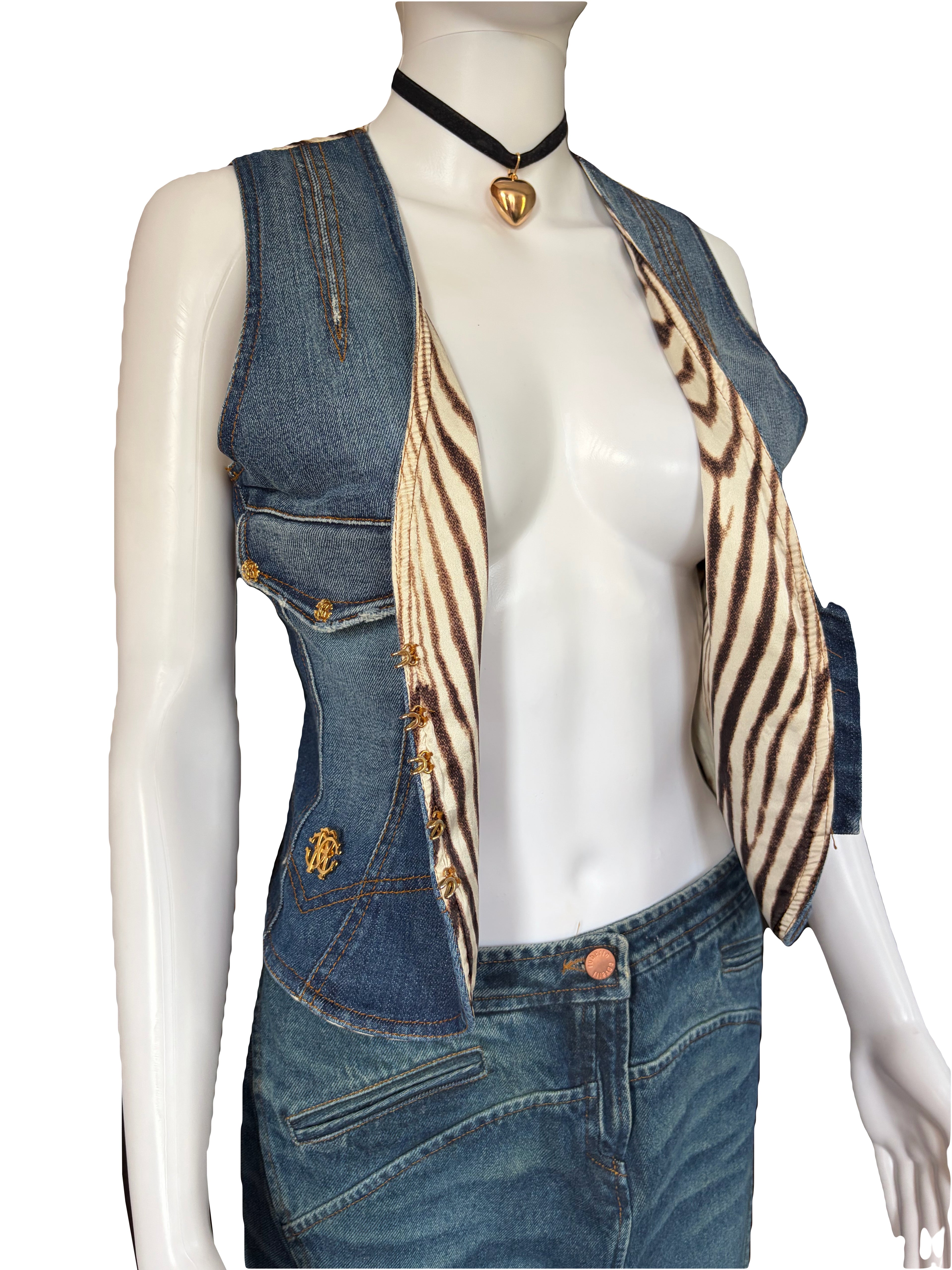 Roberto Cavalli 2000s Vintage Denim Waistcoat Zebra Print Back.