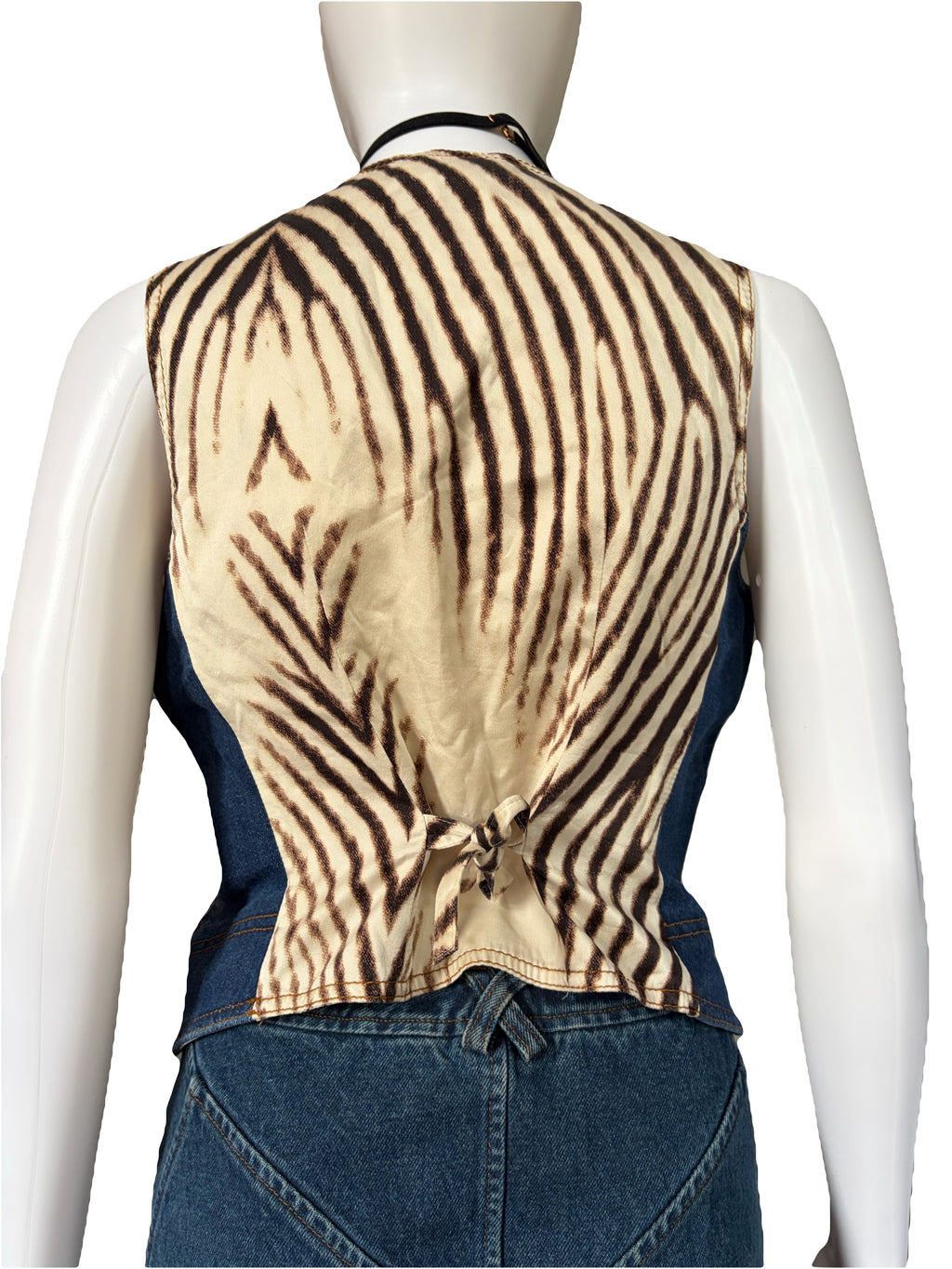 Roberto Cavalli 2000s Vintage Denim Waistcoat Zebra Print Back.
