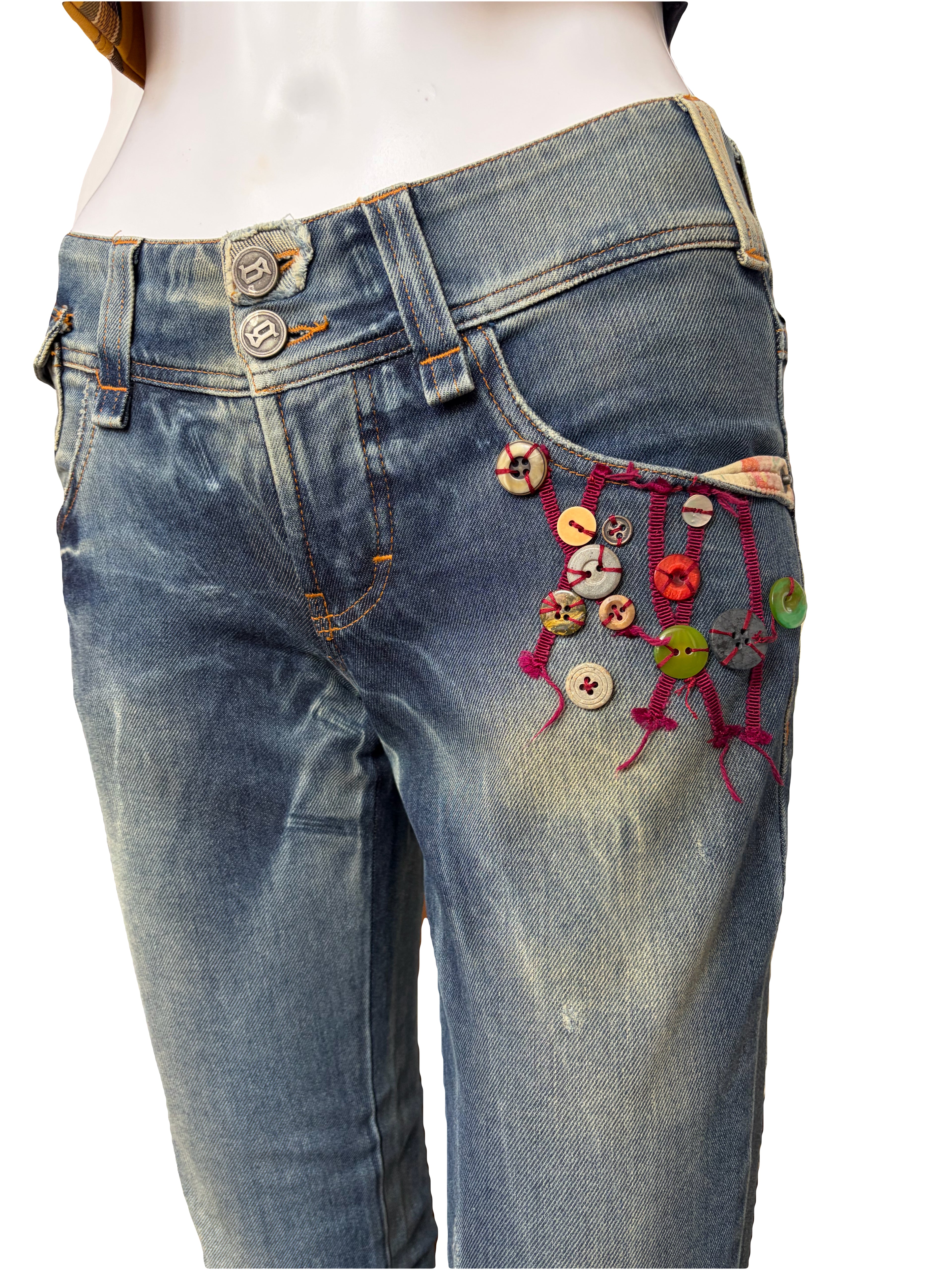 John Galliano 2000s Cropped Jeans Light Blue Buttons Design