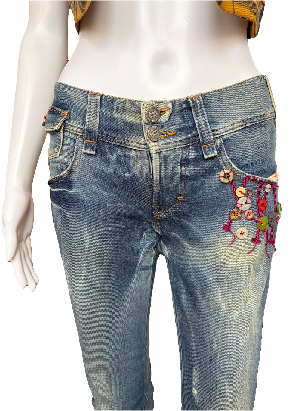 John Galliano 2000s Cropped Jeans Light Blue Buttons Design