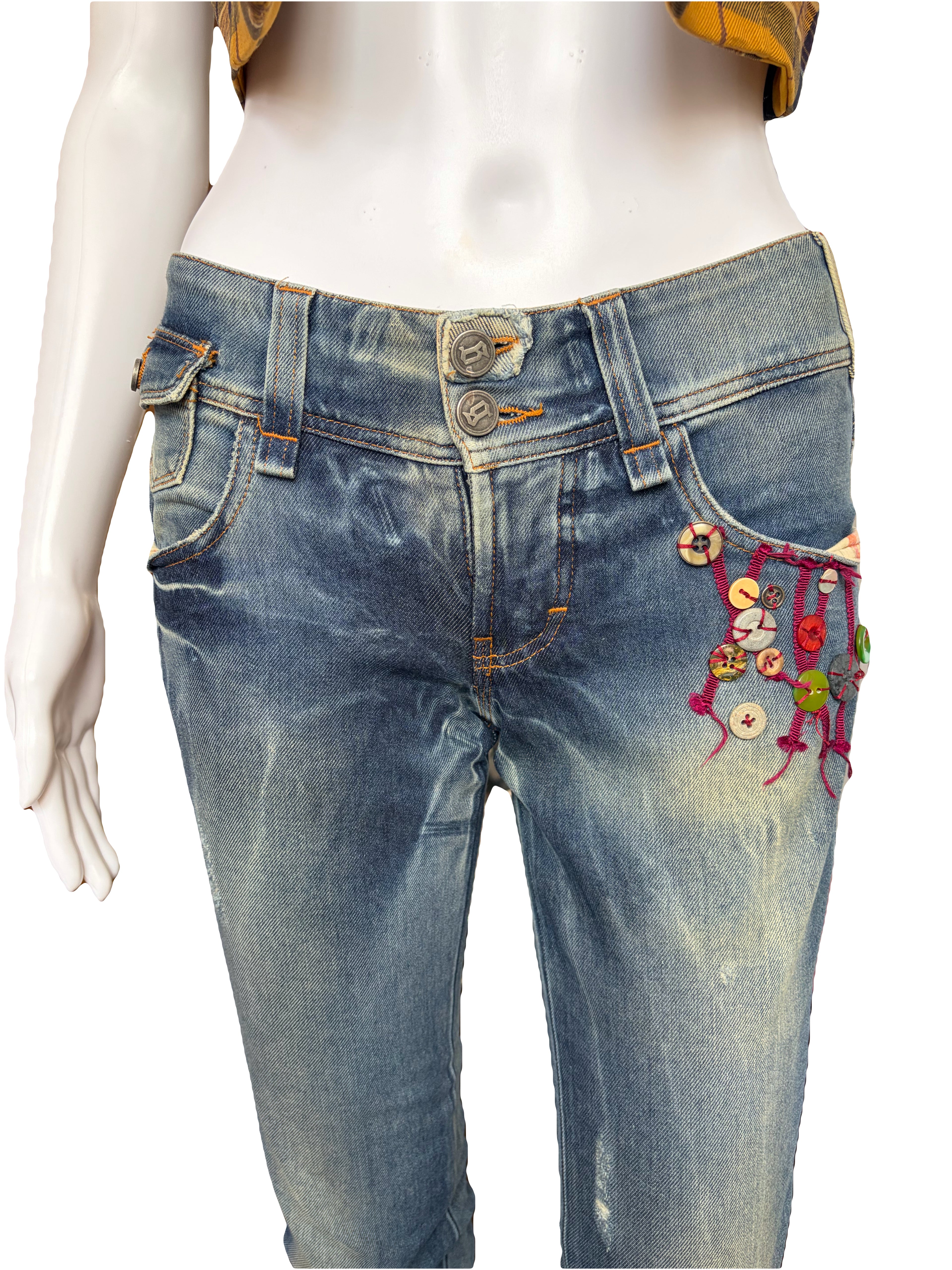 John Galliano 2000s Cropped Jeans Light Blue Buttons Design