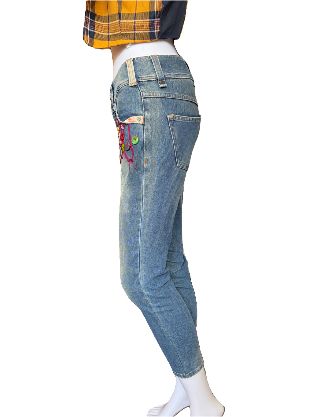 John Galliano 2000s Cropped Jeans Light Blue Buttons Design