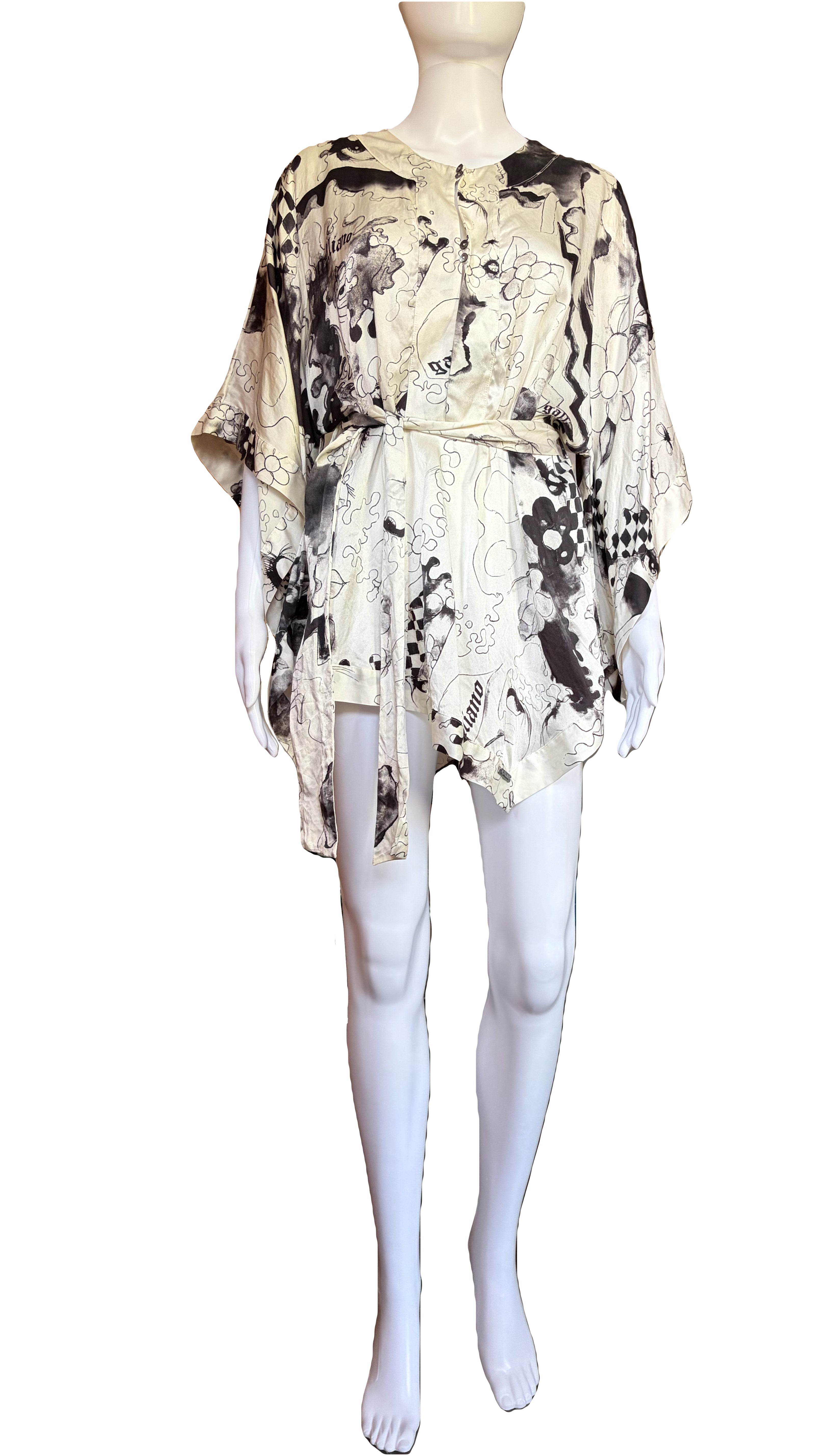 John Galliano 2000s 100% Silk Belted Blouse Creamy White Black Prints