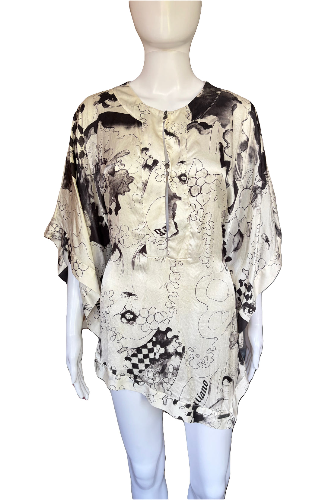 John Galliano 2000s 100% Silk Belted Blouse Creamy White Black Prints