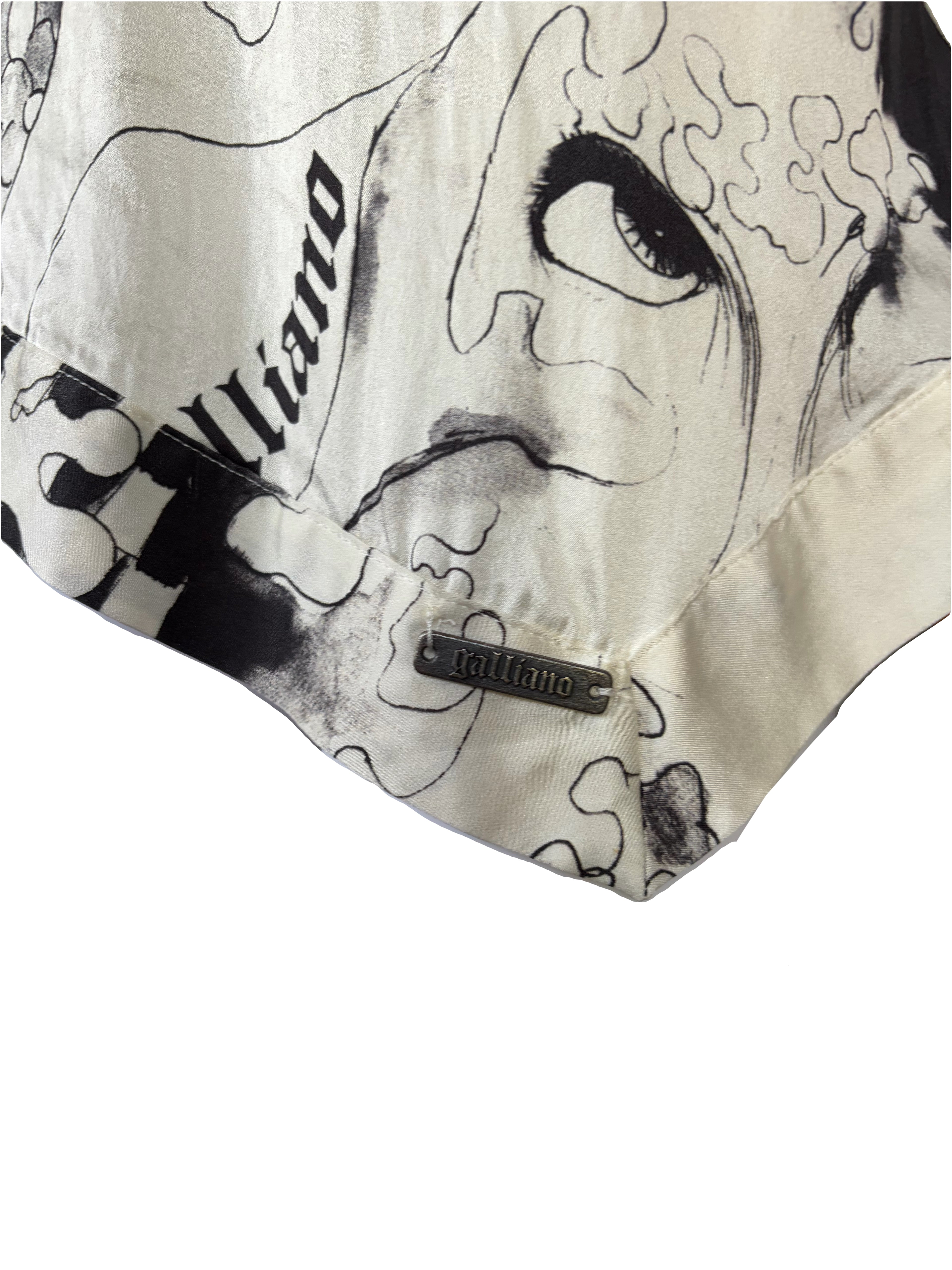 John Galliano 2000s 100% Silk Belted Blouse Creamy White Black Prints