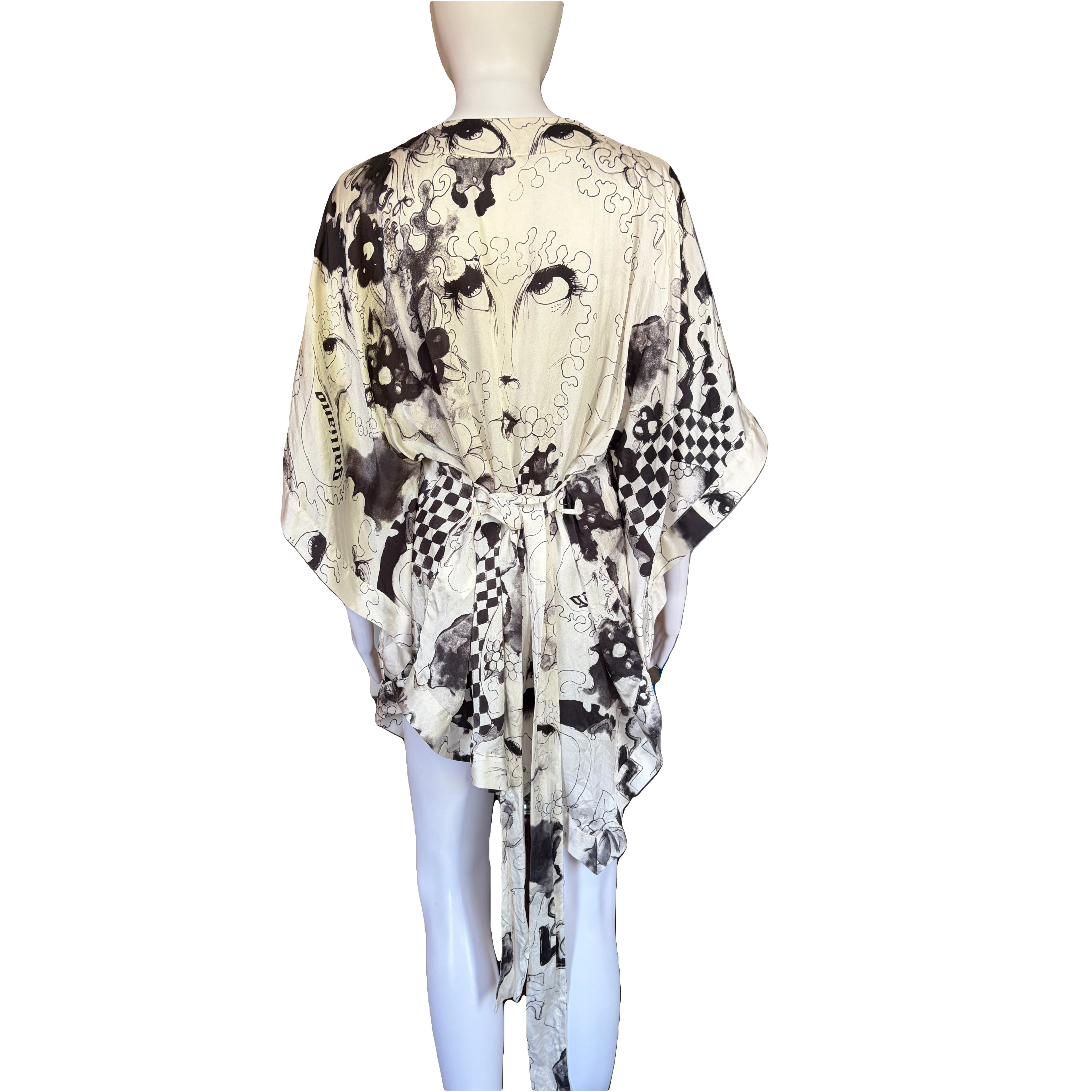 John Galliano 2000s 100% Silk Belted Blouse Creamy White Black Prints