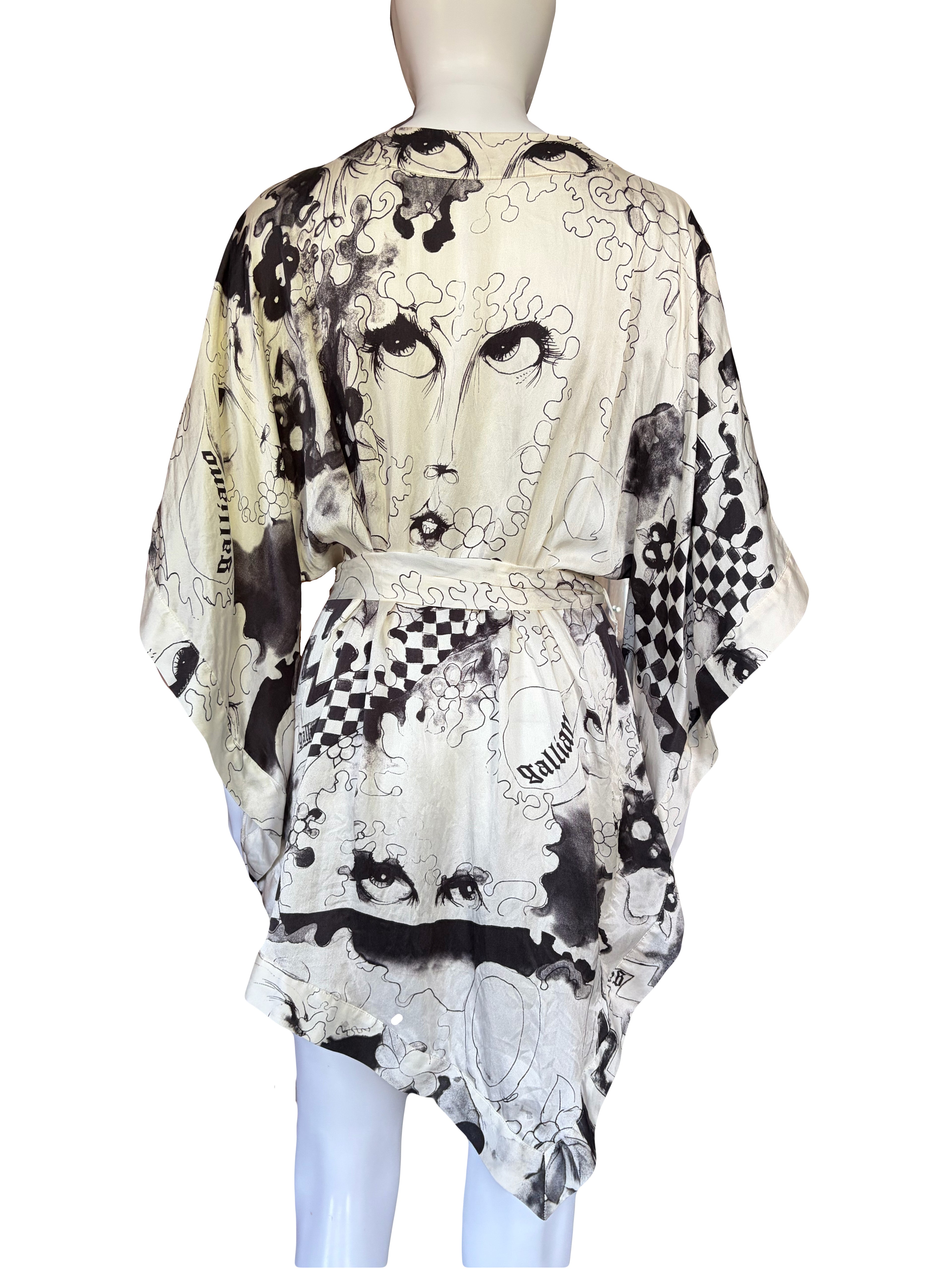 John Galliano 2000s 100% Silk Belted Blouse Creamy White Black Prints