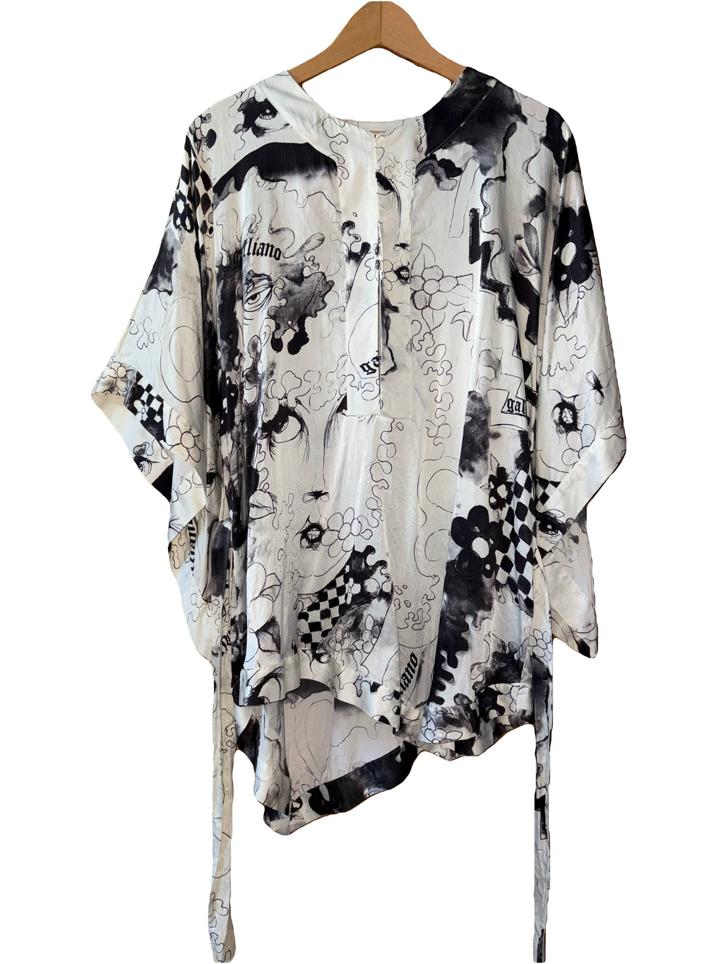 John Galliano 2000s 100% Silk Belted Blouse Creamy White Black Prints