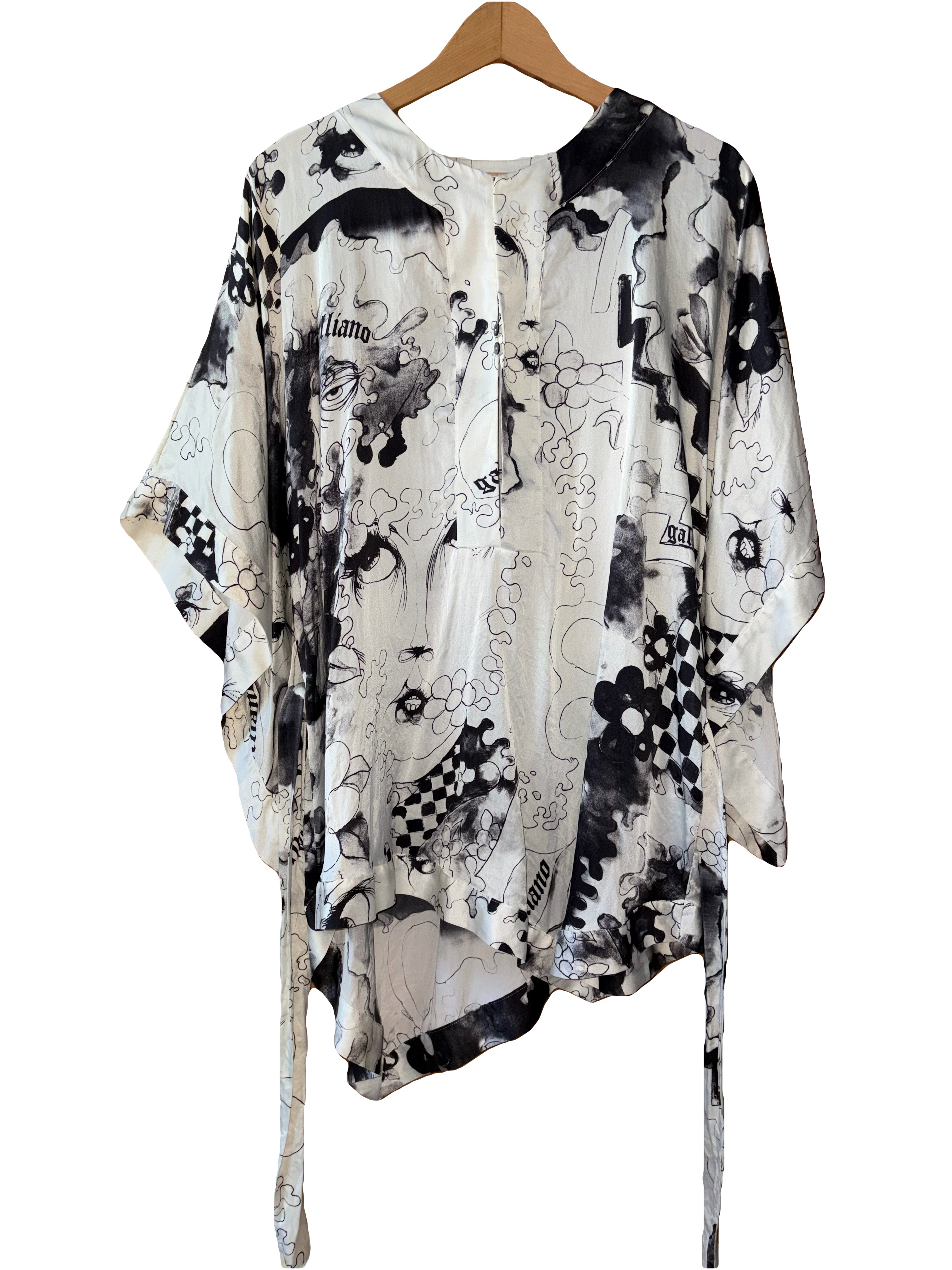 John Galliano 2000s 100% Silk Belted Blouse Creamy White Black Prints