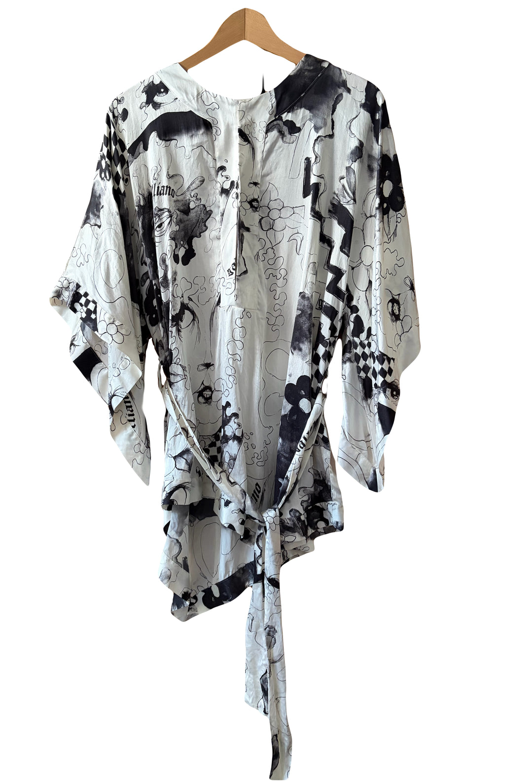 John Galliano 2000s 100% Silk Belted Blouse Creamy White Black Prints