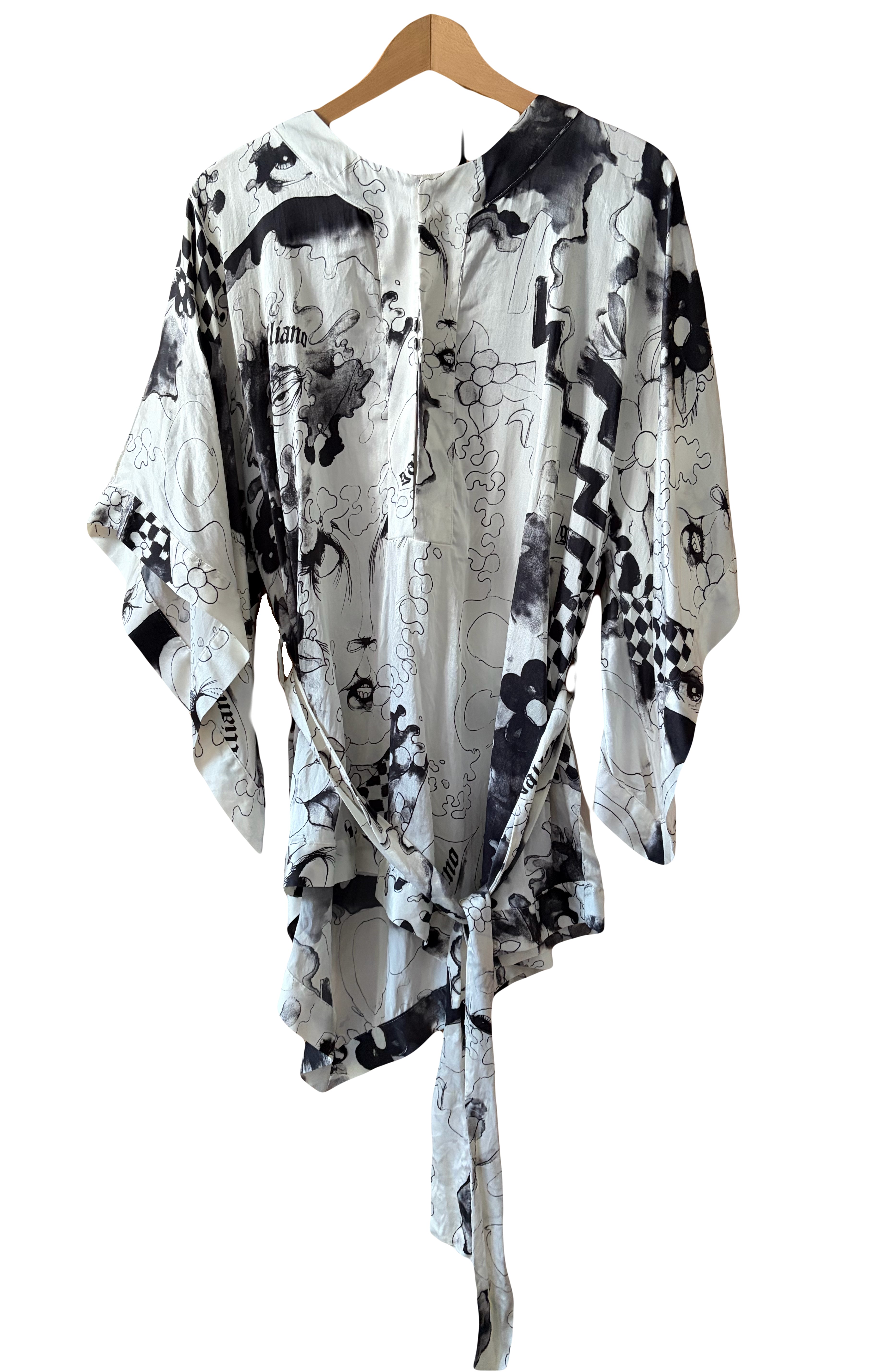 John Galliano 2000s 100% Silk Belted Blouse Creamy White Black Prints
