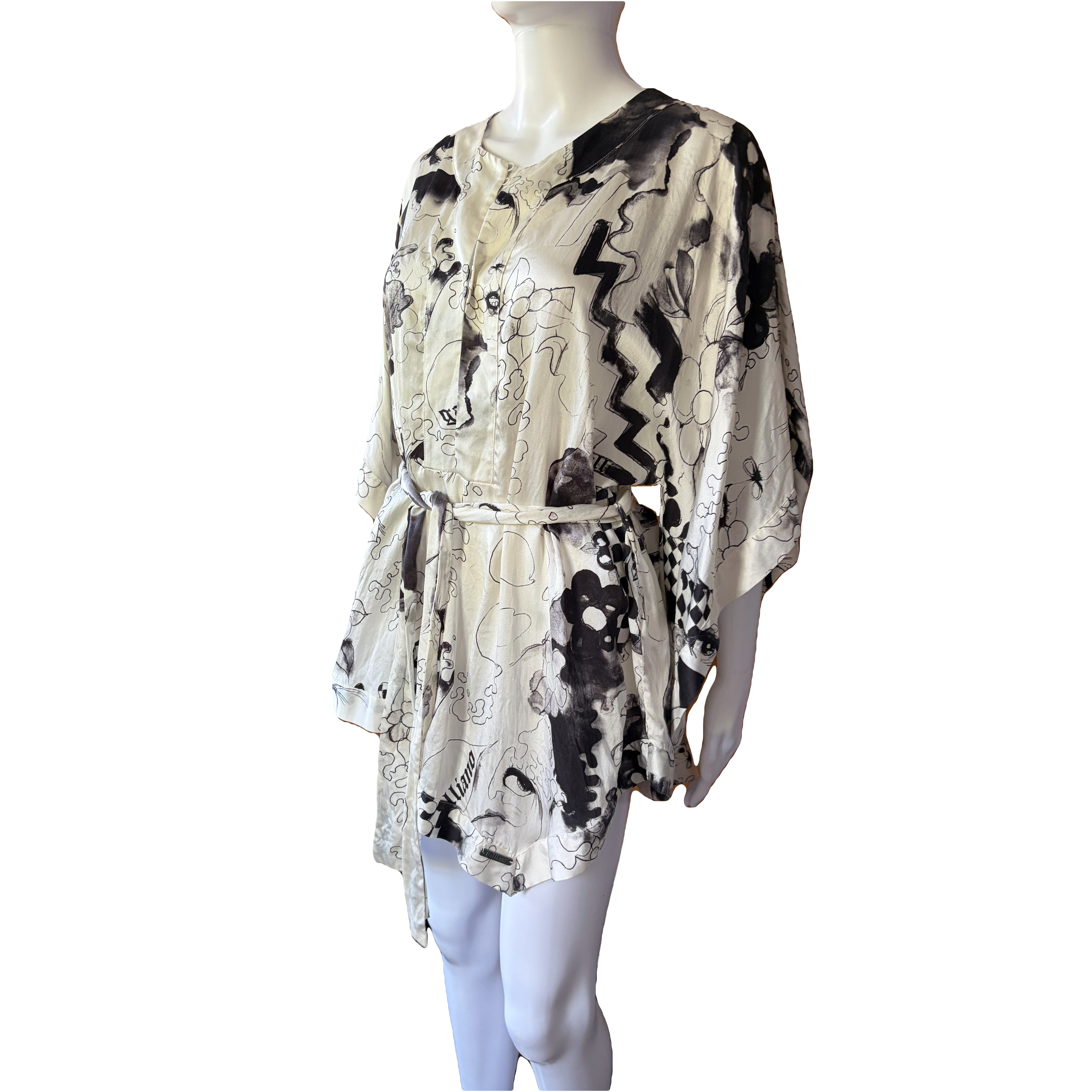 John Galliano 2000s 100% Silk Belted Blouse Creamy White Black Prints