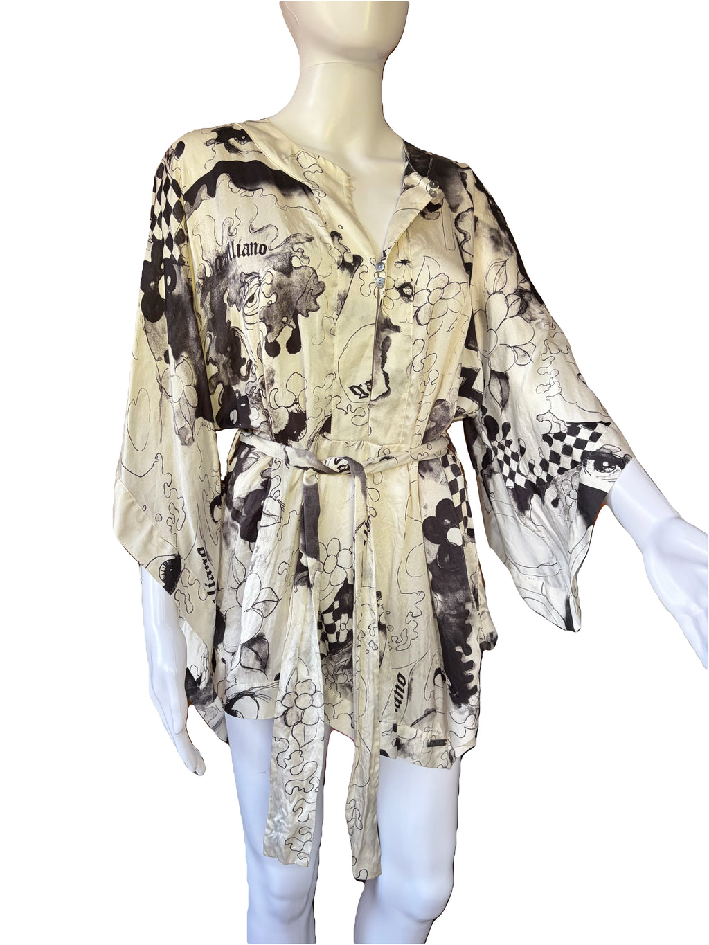 John Galliano 2000s 100% Silk Belted Blouse Creamy White Black Prints