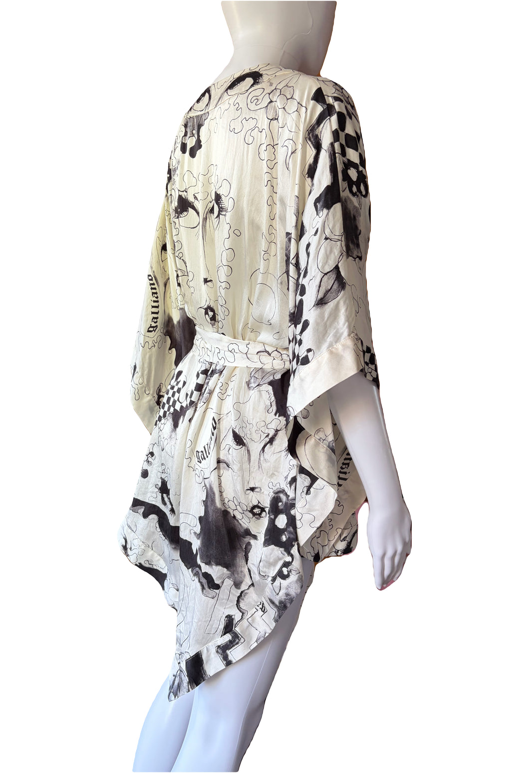 John Galliano 2000s 100% Silk Belted Blouse Creamy White Black Prints
