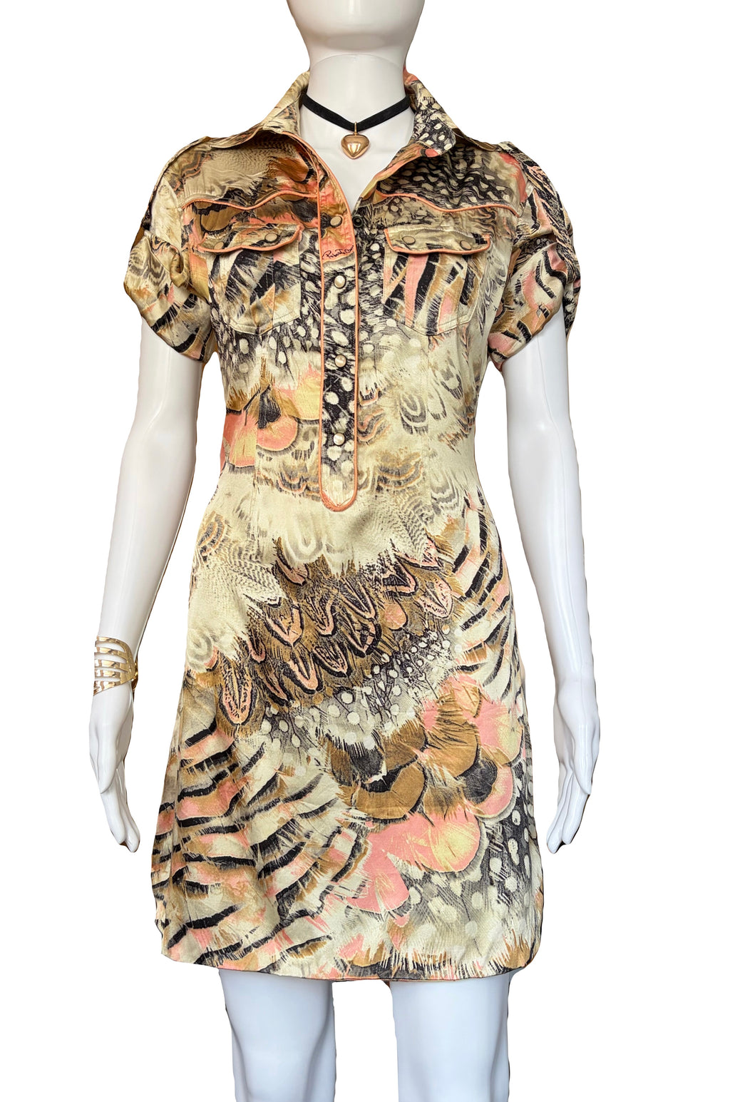 Roberto Cavalli Spring/Summer 2004 Silk Shirt Dress 2000s Feathers Print
