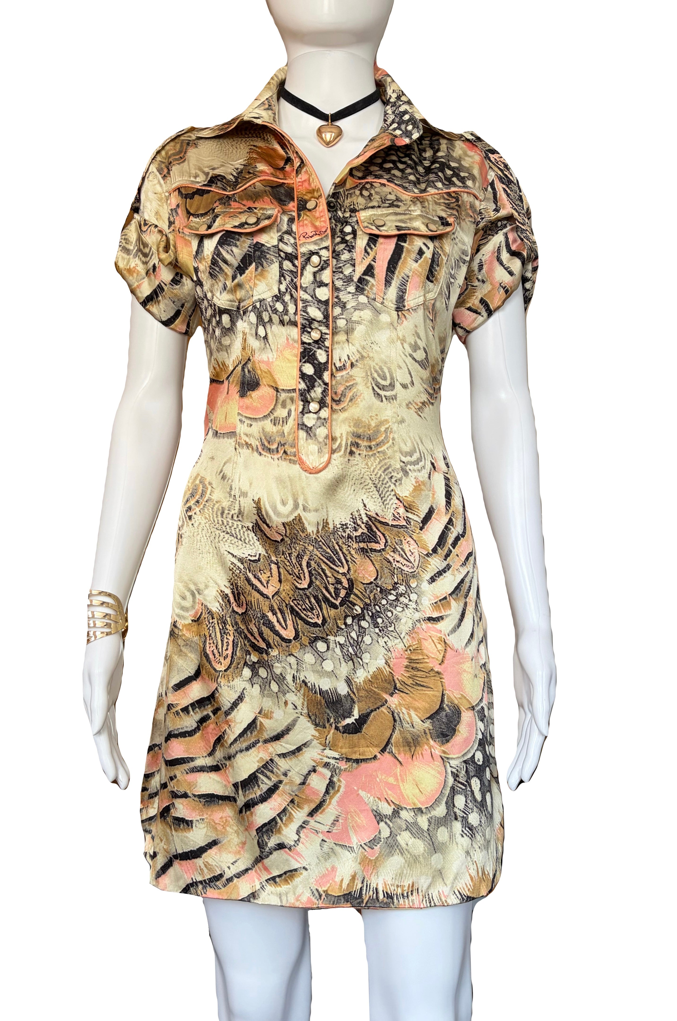 Roberto Cavalli Spring/Summer 2004 Silk Shirt Dress 2000s Feathers Print