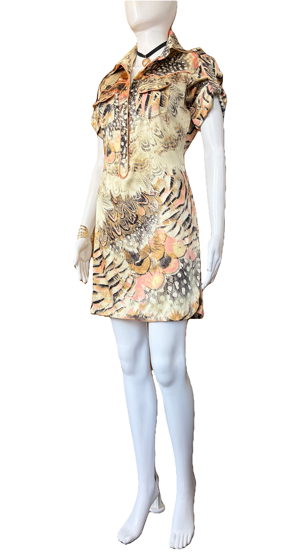 Roberto Cavalli Spring/Summer 2004 Silk Shirt Dress 2000s Feathers Print