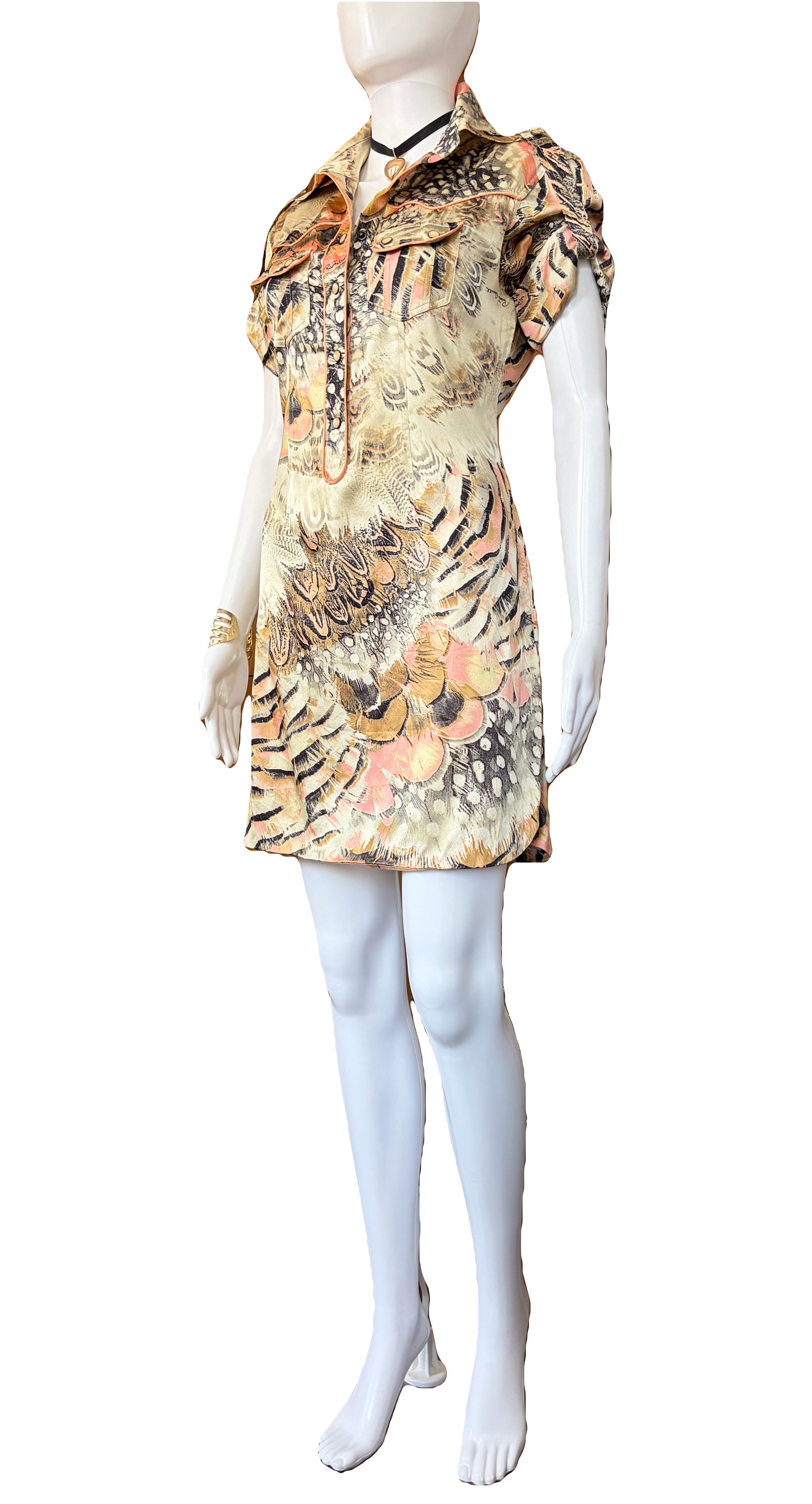 Roberto Cavalli Spring/Summer 2004 Silk Shirt Dress 2000s Feathers Print