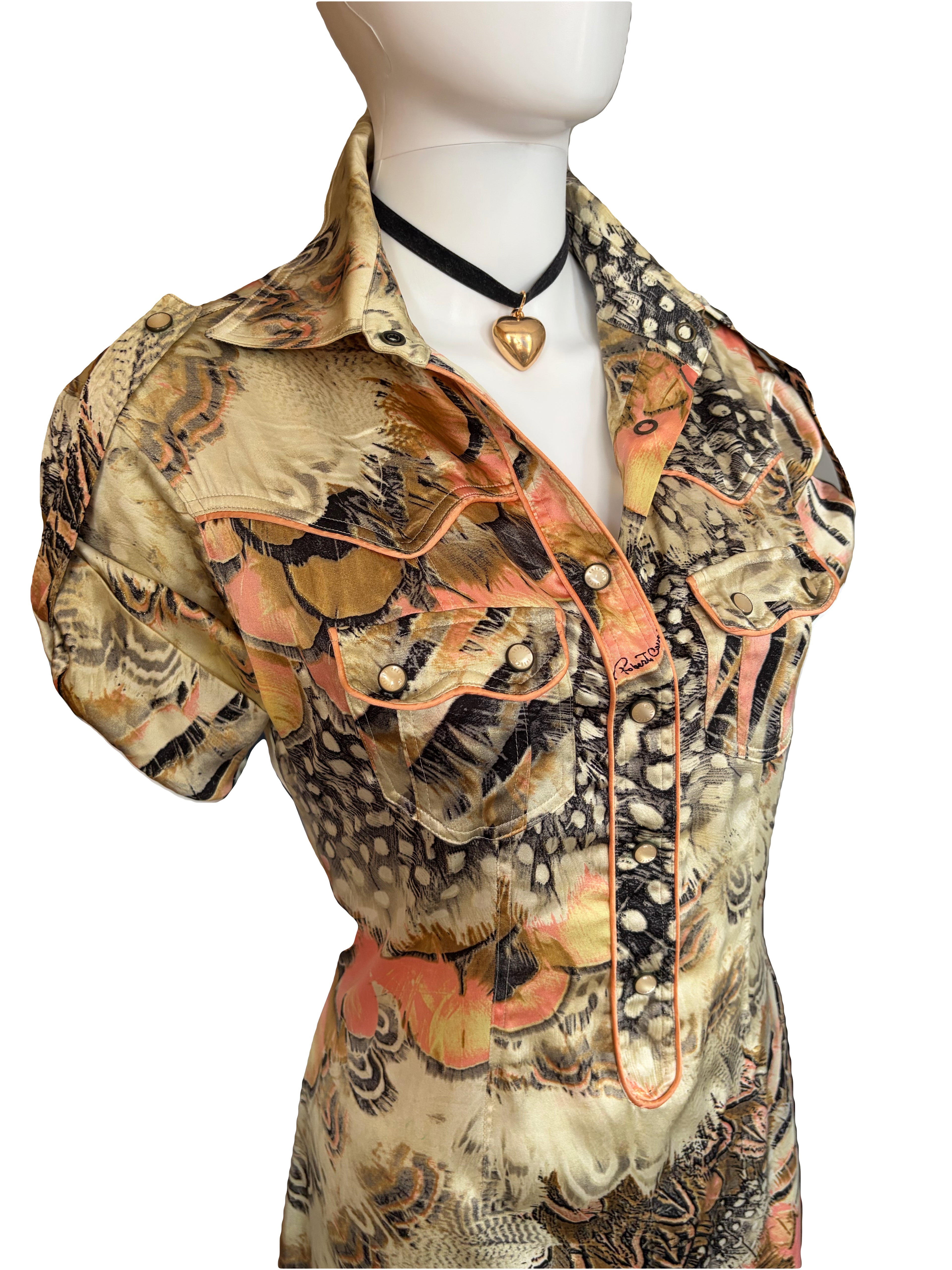 Roberto Cavalli Spring/Summer 2004 Silk Shirt Dress 2000s Feathers Print