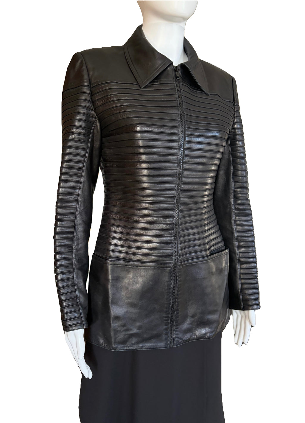 Jean Claude Jitrois Leather Jacket Black 100% Lambskin Horizontal Ribbing 38FR