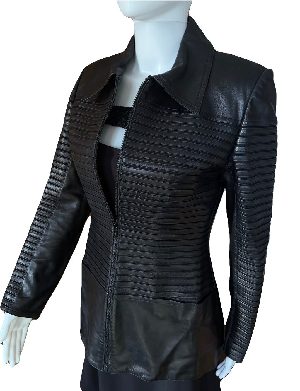 Jean Claude Jitrois Leather Jacket Black 100% Lambskin Horizontal Ribbing 38FR