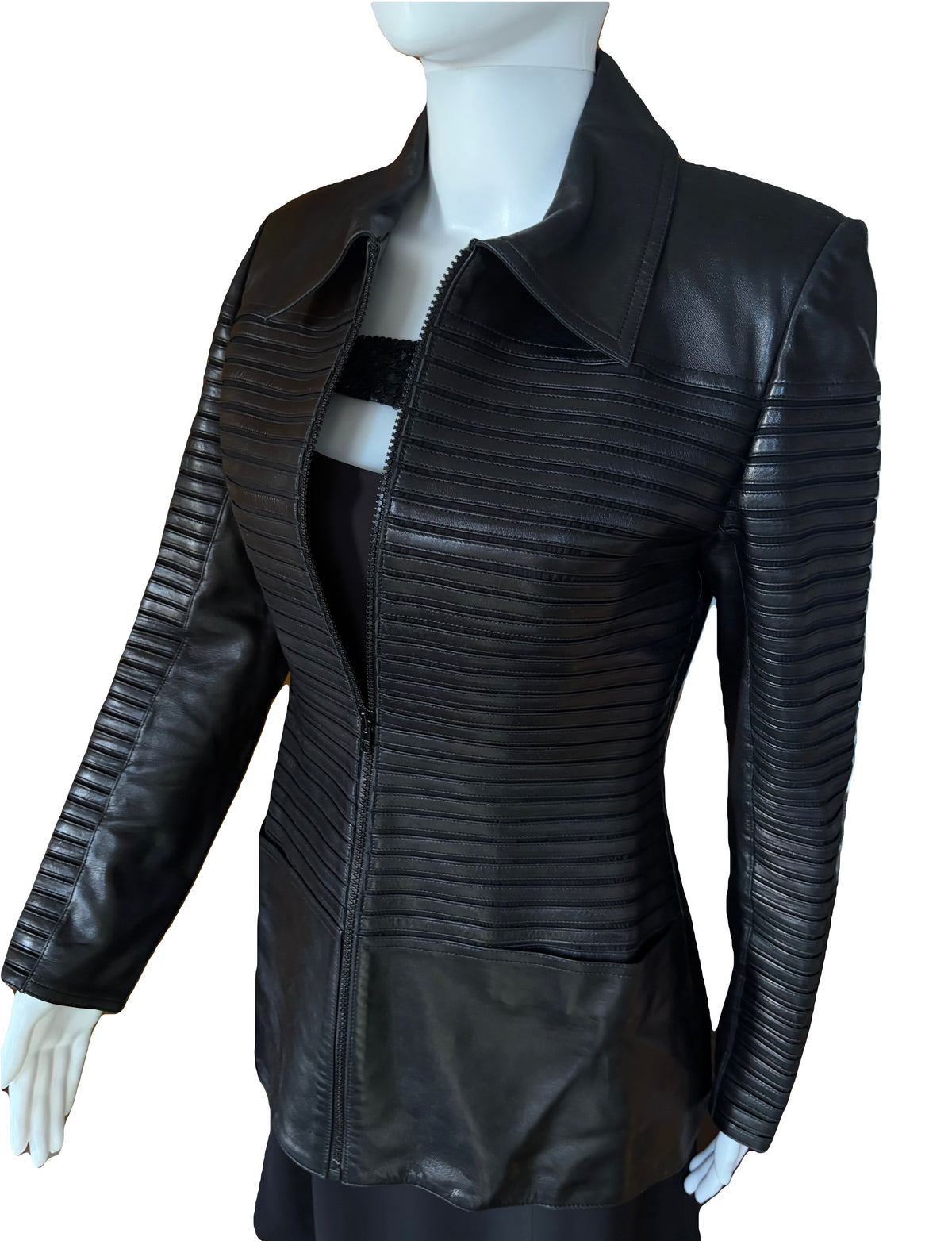Jean Claude Jitrois Leather Jacket Black 100% Lambskin Horizontal Ribbing 38FR