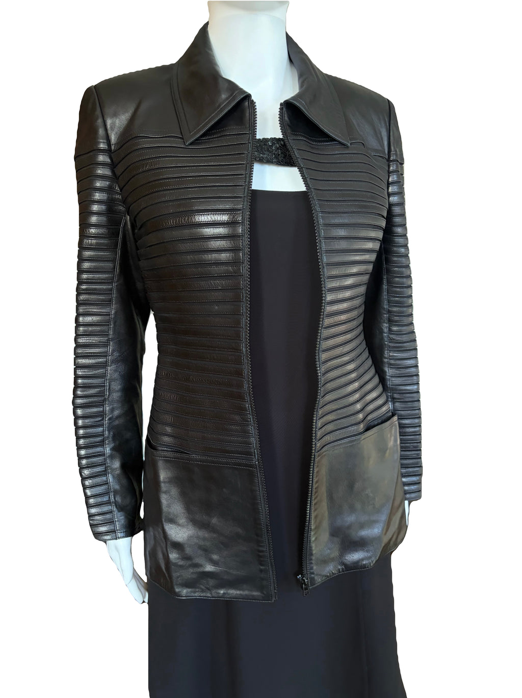 Jean Claude Jitrois Leather Jacket Black 100% Lambskin Horizontal Ribbing 38FR