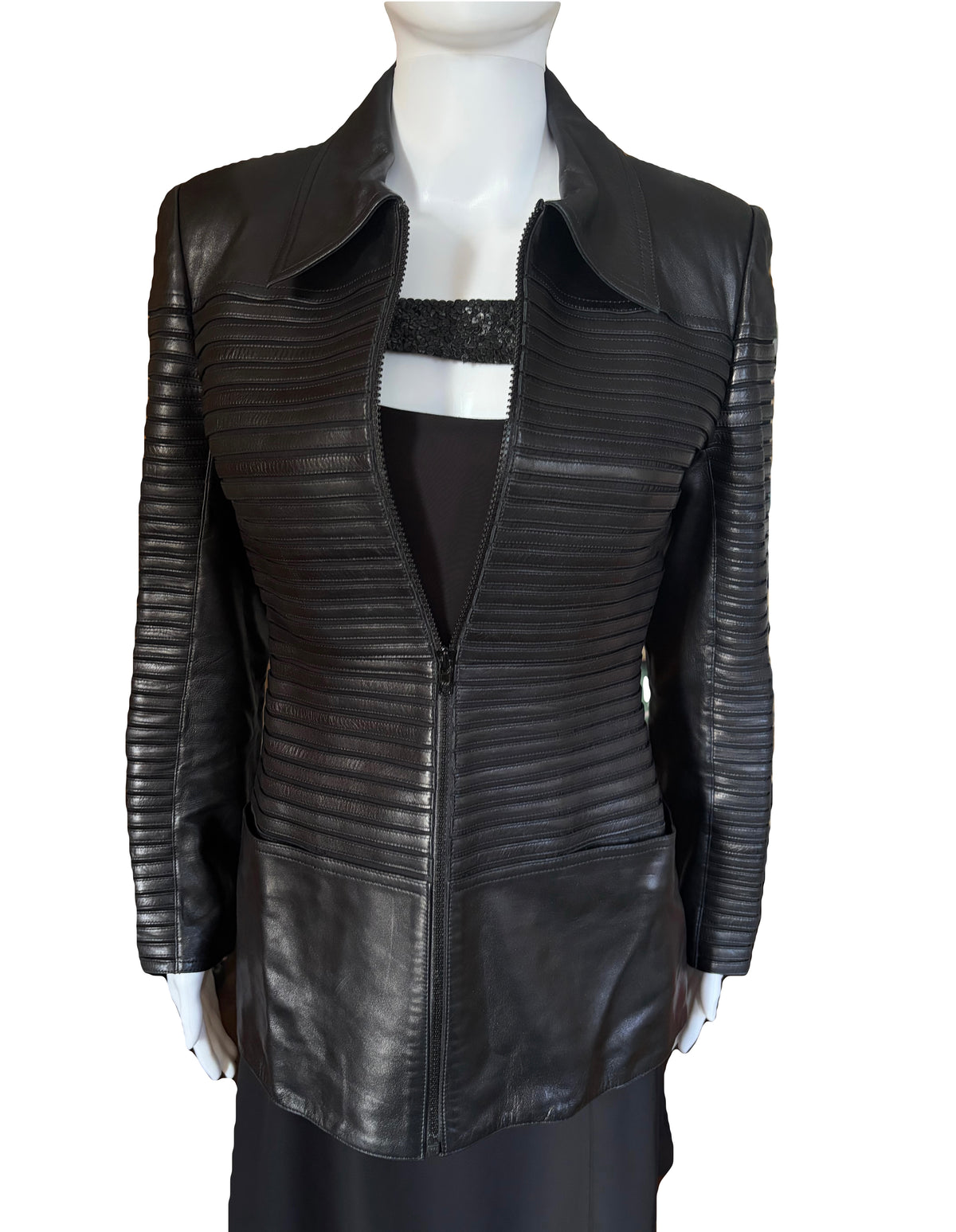 Jean Claude Jitrois Leather Jacket Black 100% Lambskin Horizontal Ribbing 38FR