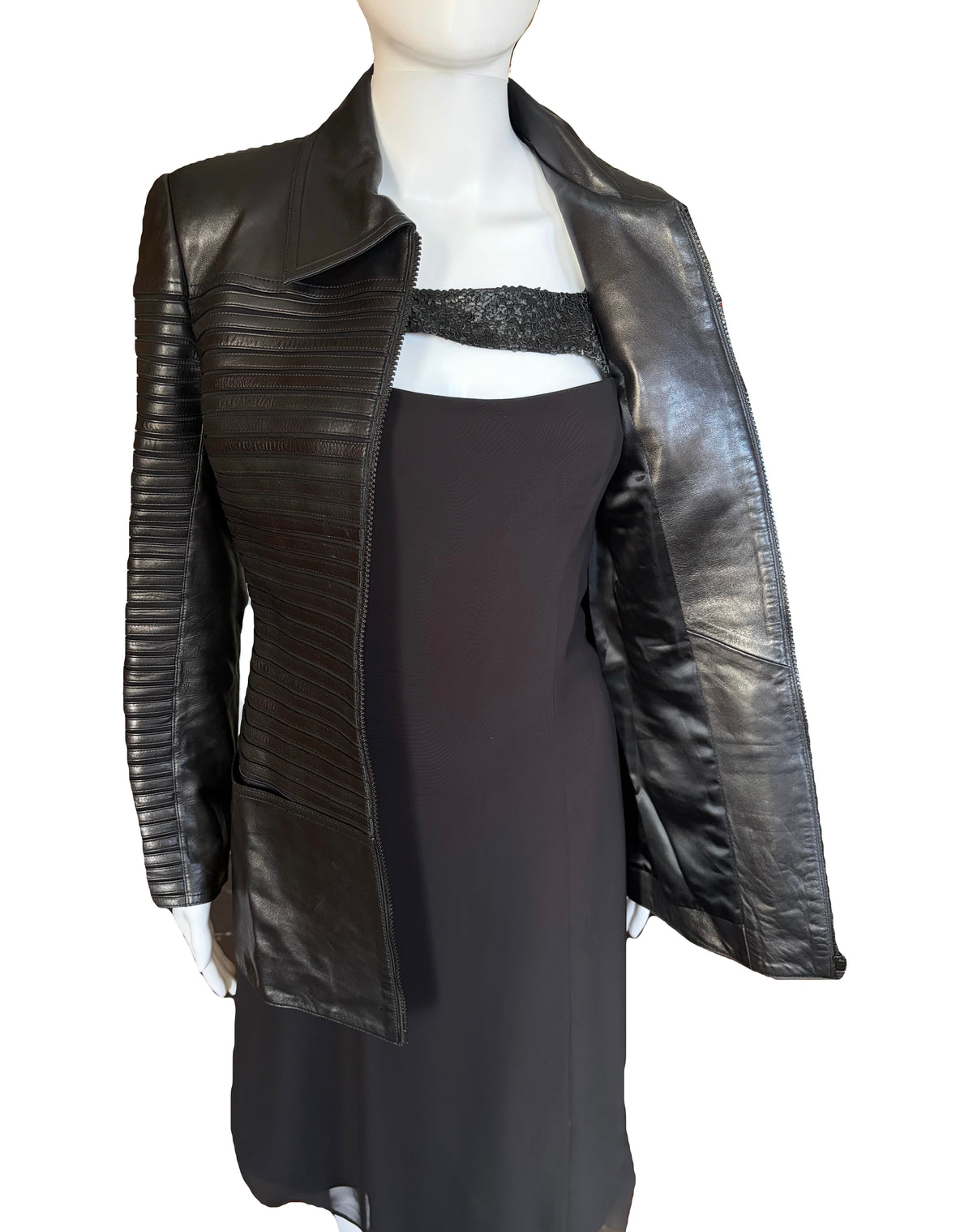 Jean Claude Jitrois Leather Jacket Black 100% Lambskin Horizontal Ribbing 38FR