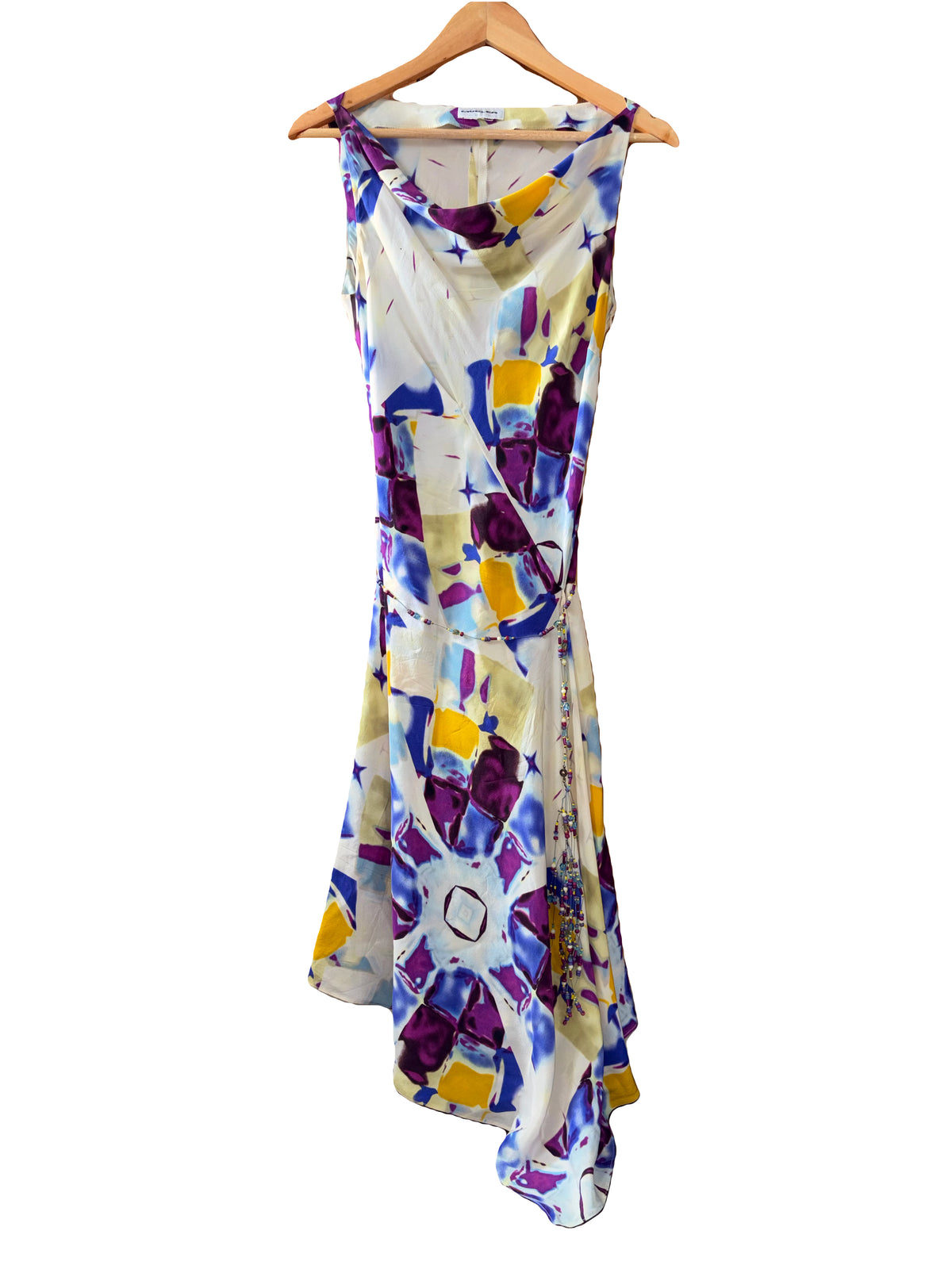 Thierry Mugler 2000s ear 100% Silk Dress Kaleidoscope Vibrant Print Metal Rope Beaded Belt