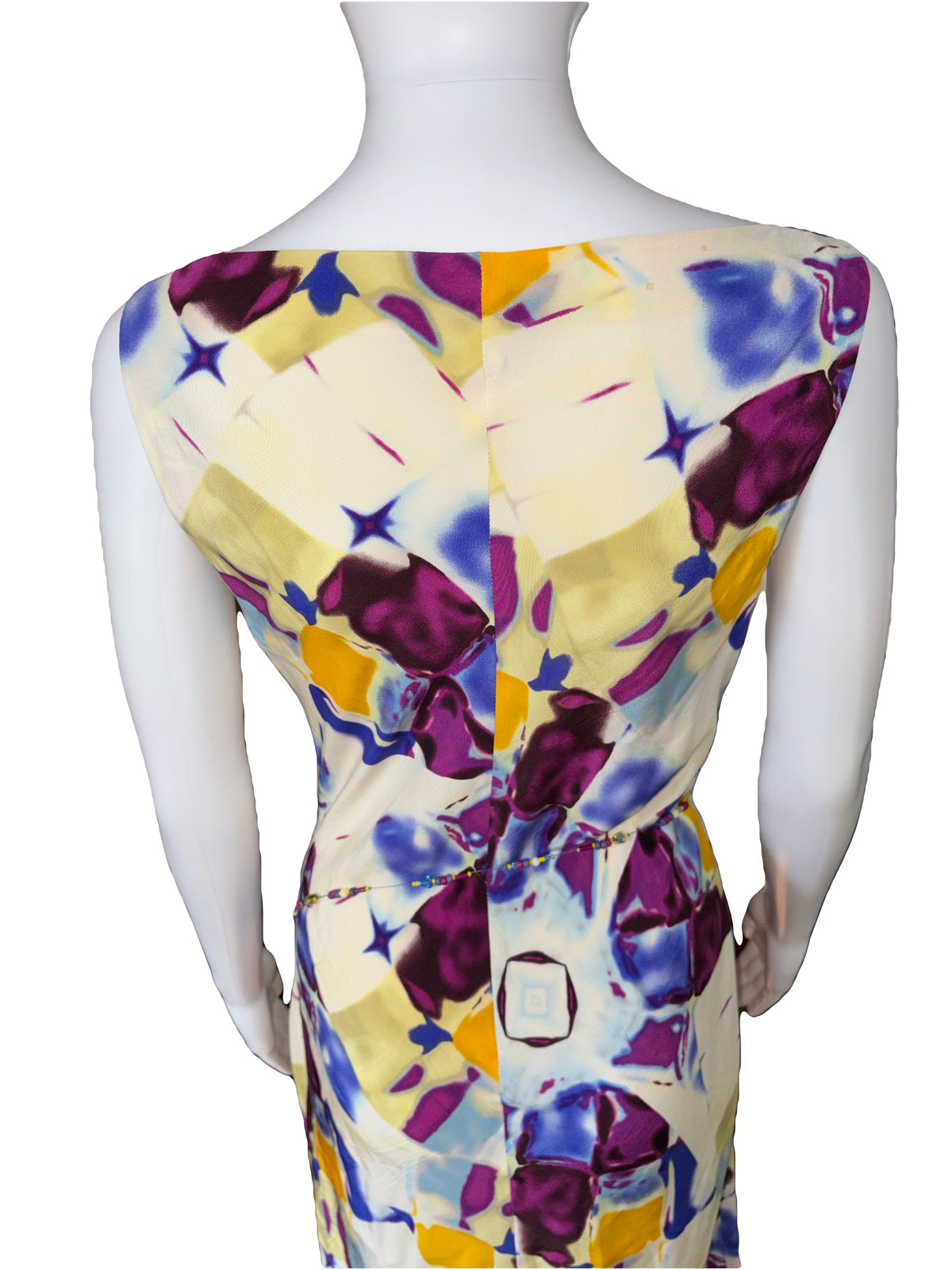 Thierry Mugler 2000s ear 100% Silk Dress Kaleidoscope Vibrant Print Metal Rope Beaded Belt