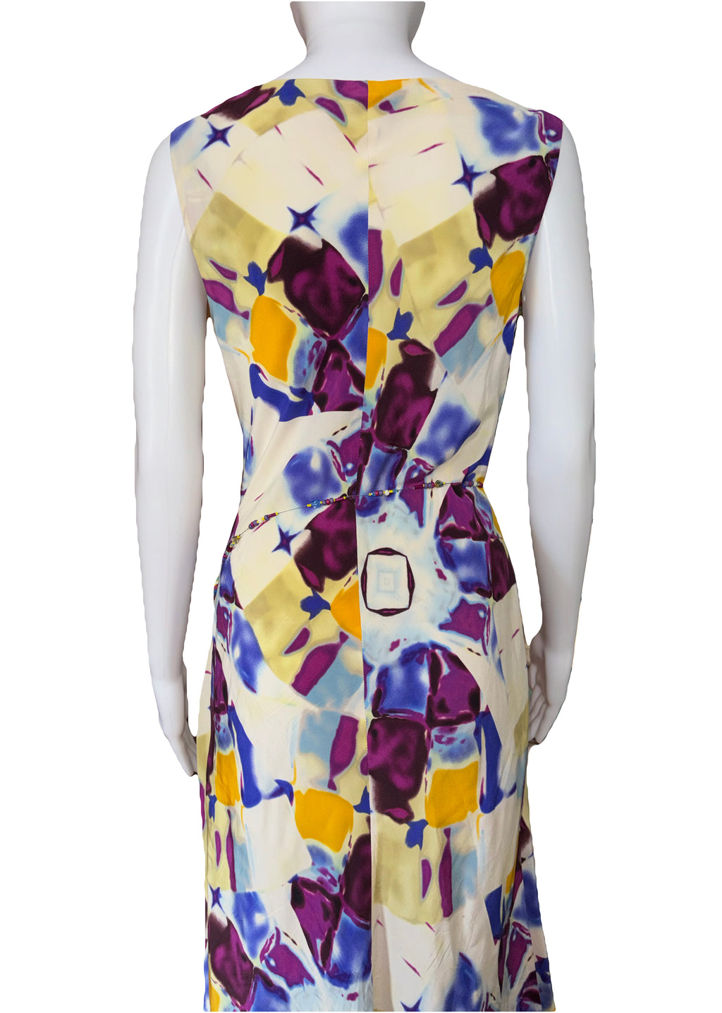 Thierry Mugler 2000s ear 100% Silk Dress Kaleidoscope Vibrant Print Metal Rope Beaded Belt