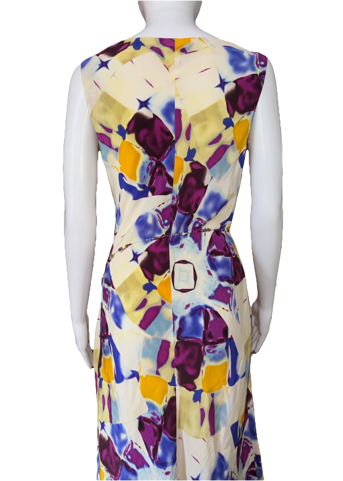 Thierry Mugler 2000s ear 100% Silk Dress Kaleidoscope Vibrant Print Metal Rope Beaded Belt