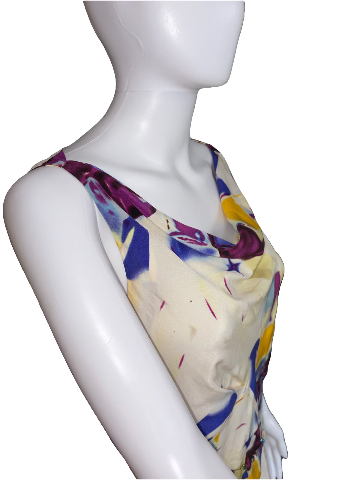 Thierry Mugler 2000s ear 100% Silk Dress Kaleidoscope Vibrant Print Metal Rope Beaded Belt