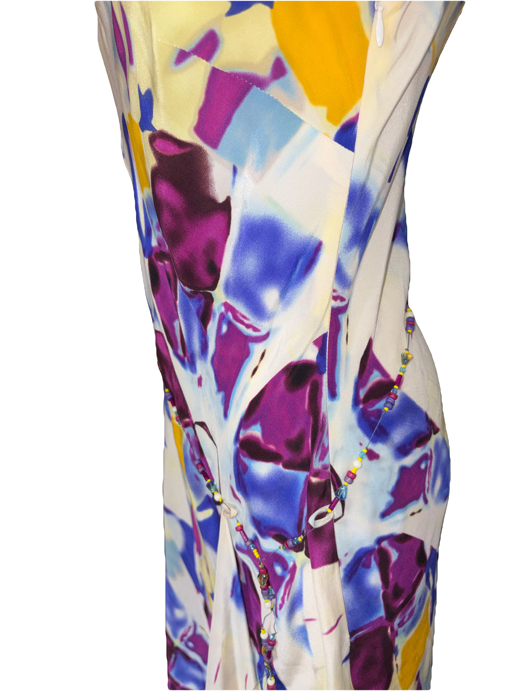 Thierry Mugler 2000s ear 100% Silk Dress Kaleidoscope Vibrant Print Metal Rope Beaded Belt