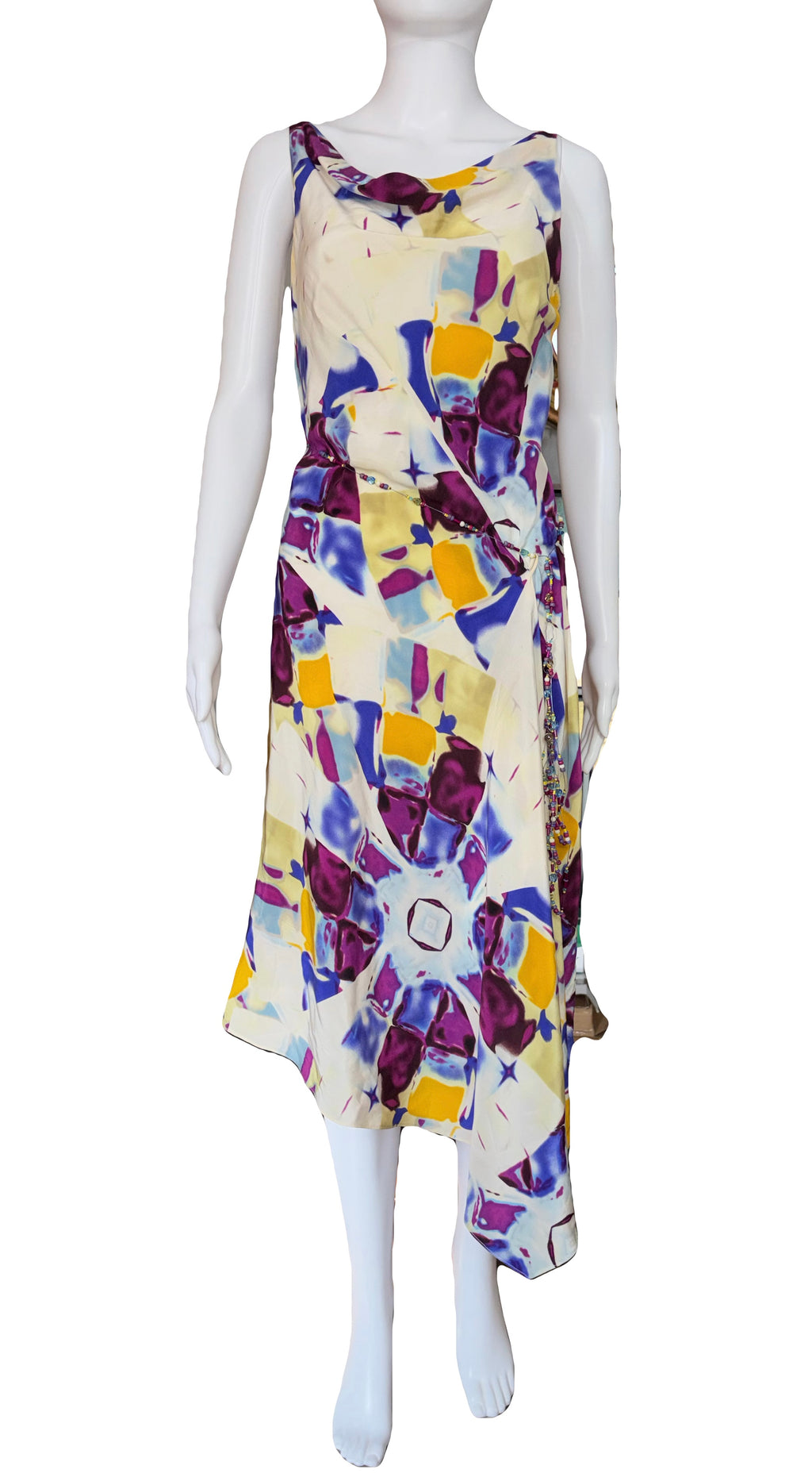 Thierry Mugler 2000s ear 100% Silk Dress Kaleidoscope Vibrant Print Metal Rope Beaded Belt