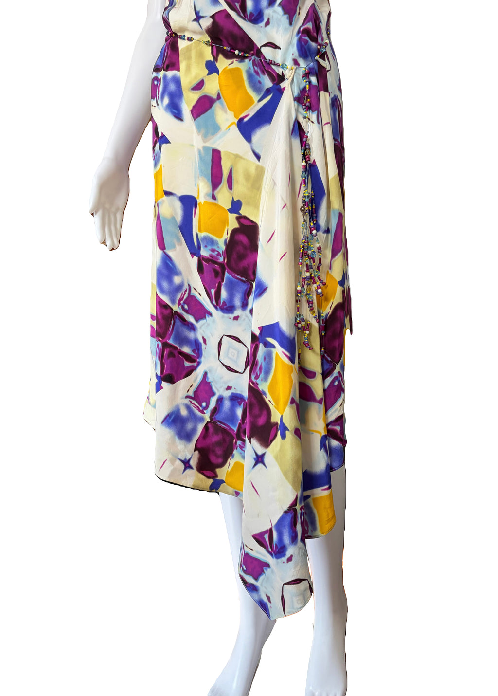 Thierry Mugler 2000s ear 100% Silk Dress Kaleidoscope Vibrant Print Metal Rope Beaded Belt