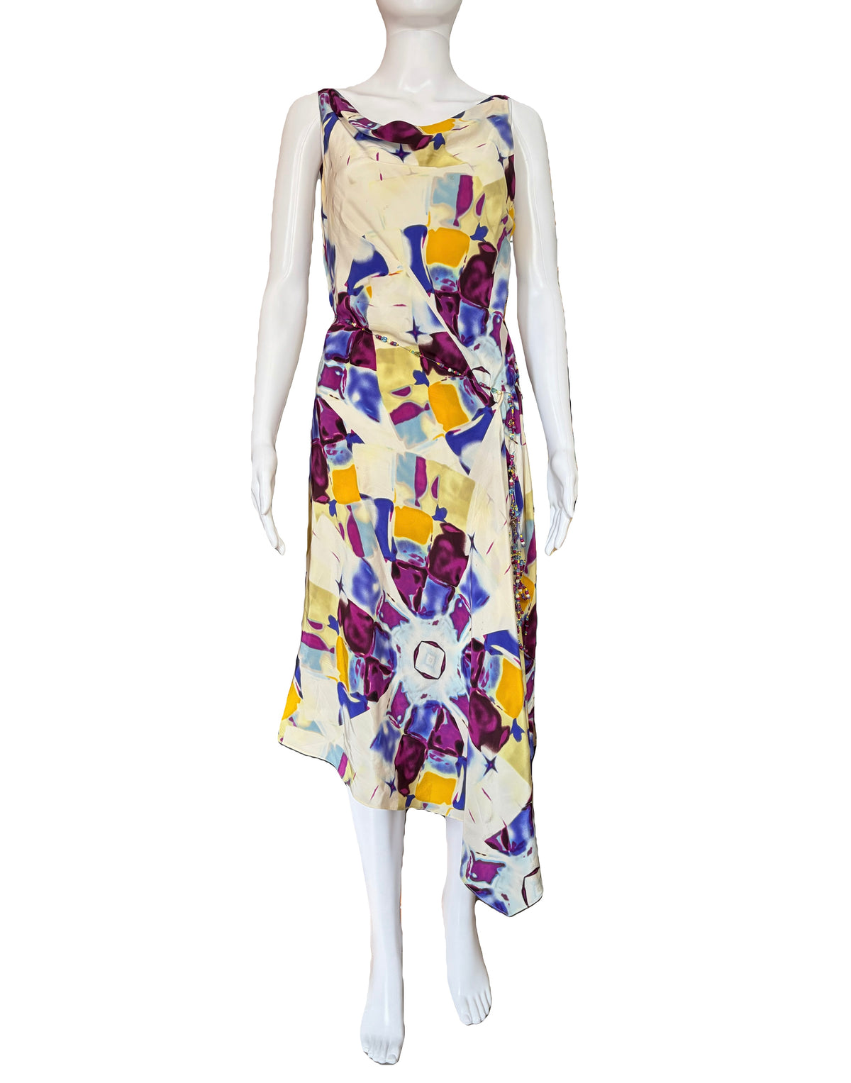 Thierry Mugler 2000s ear 100% Silk Dress Kaleidoscope Vibrant Print Metal Rope Beaded Belt